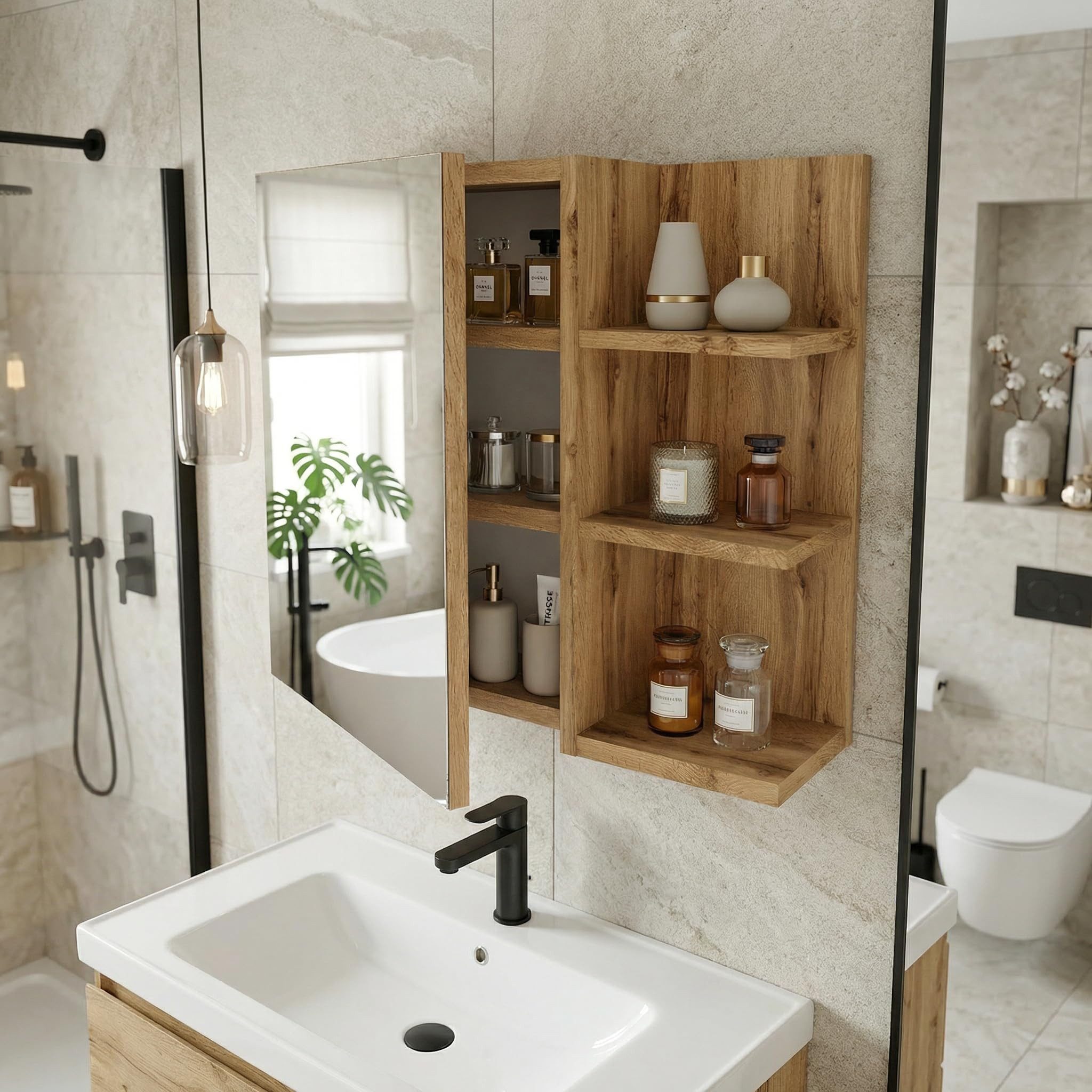 TREND WERK Spiegelschrank Badezimmer mit Ablage & Stauraum (59×16×50 cm Hängender Badezimmerschrank zur Wandmontage mit Regal) – modern & pflegeleicht – Bild 4 von 5