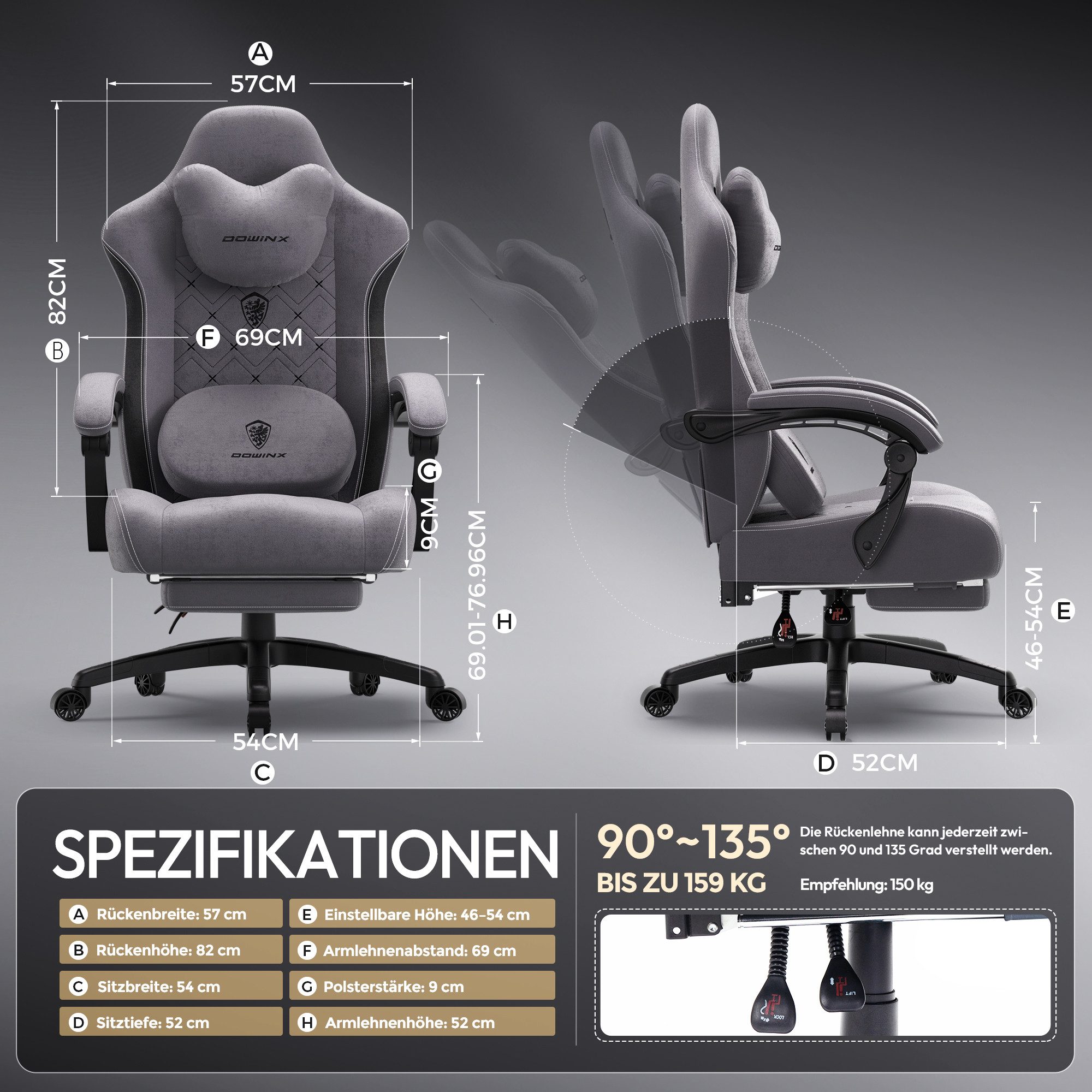 Dowinx Gaming-Stuhl Bürostuhl mit Beheizter Massage Lendenwirbelstütze (Packung), Gamer Stuhl Stoff mit Tasche Frühling Kissen und Fußstütze – Bild 2 von 5