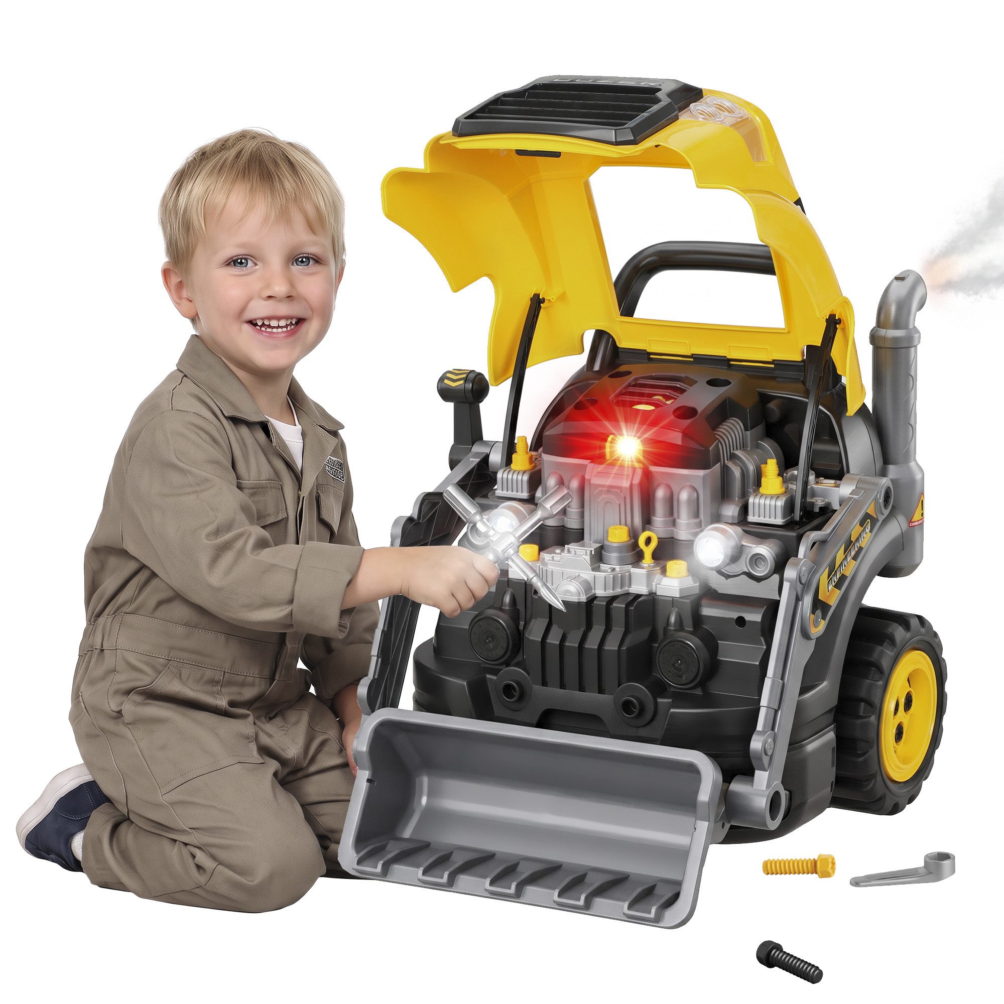 AIYAPLAY Spielzeug-Auto Mechaniker-Werkstattset mit Nebelfunktion, (Set, 1-tlg., Motor-Spielzeugset), Nebel, Licht & Sound, 63 Teile