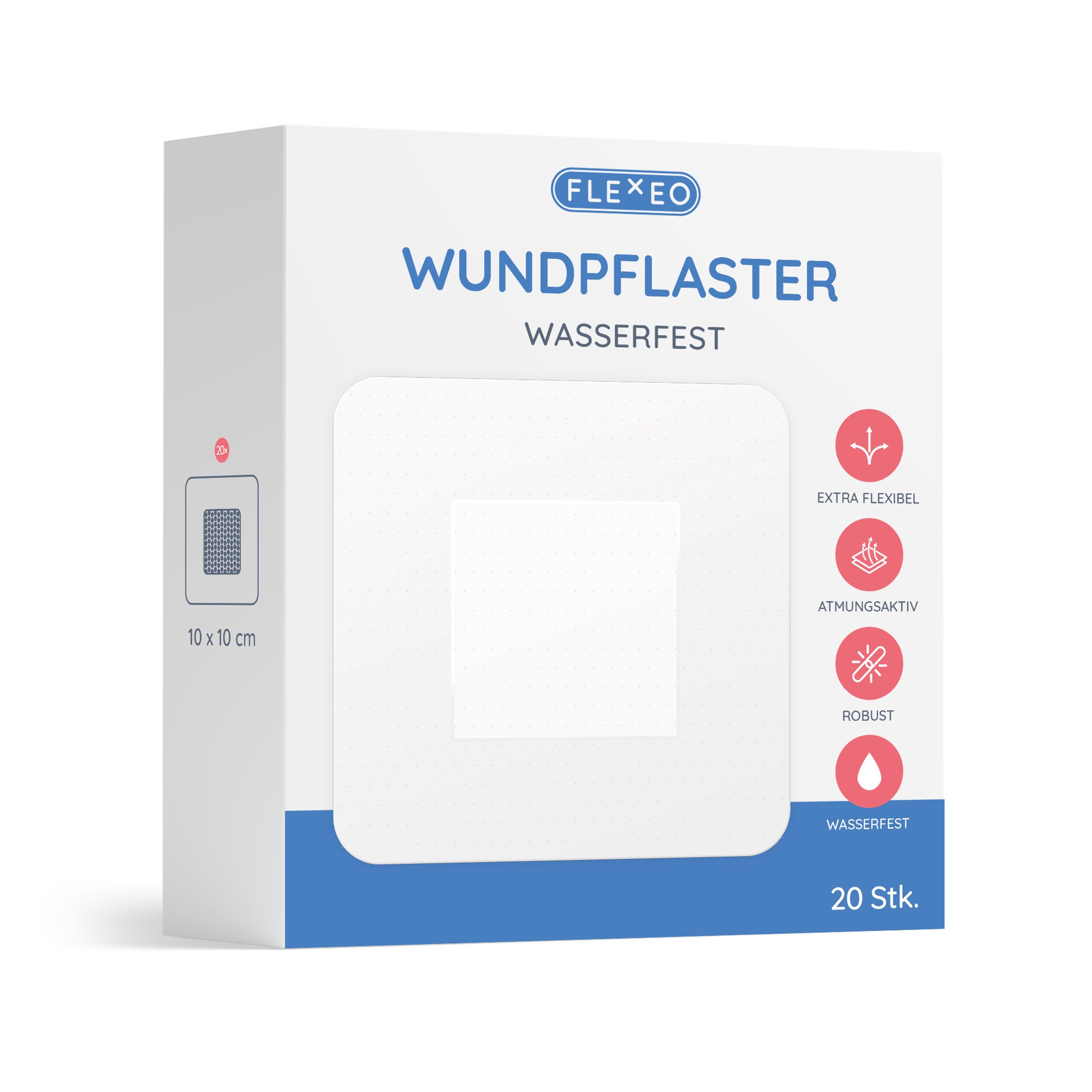 FLEXEO Wundpflaster wasserfest (20 St), transparent 10x10cm, effektive Wundabdeckung, Duschpflaster