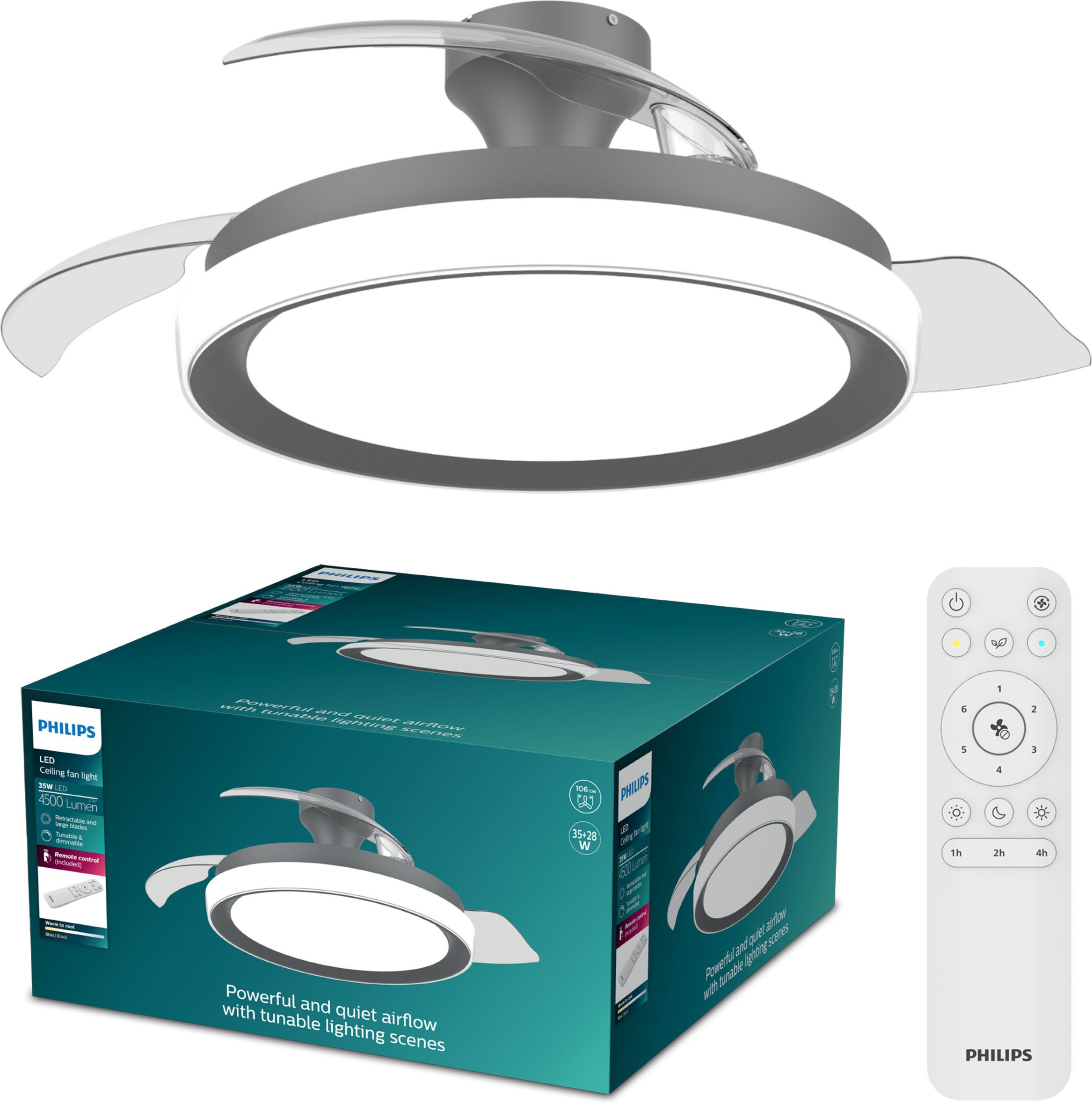 Philips LED Deckenleuchte Bliss 35W DC-Ventilator 28W, einziehbare Rotorblätter, Glitzeroptik, CCT - über Fernbedienung, Dimmer, Dimmfunktion, Ein-/Ausschalter, Farbsteuerung, Fernbedienung, Infrarot inkl., Memoryfunktion, Ventilatorfunktion, dimmbar über Fernbedienung, mehrere Helligkeitsstufen, LED fest integriert, warmweiß - kaltweiß, 2700-6500 Kelvin, dimmbar mit Fernbedienung, 4500 Lumen
