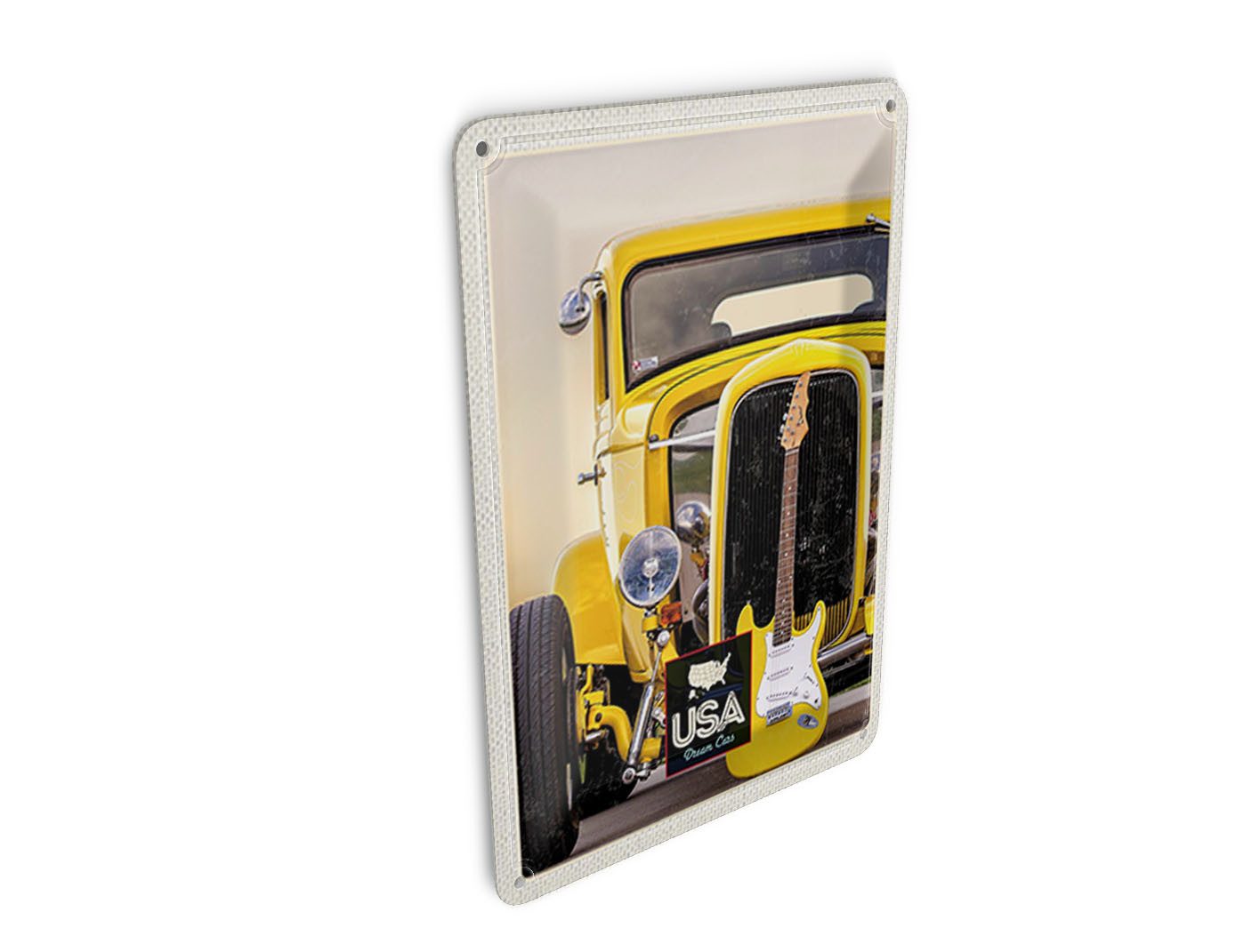 Femer GmbH Postkarte Reise 10x14 cm Amerika Oldtimer gelb Auto Gitarre, unfrankiert