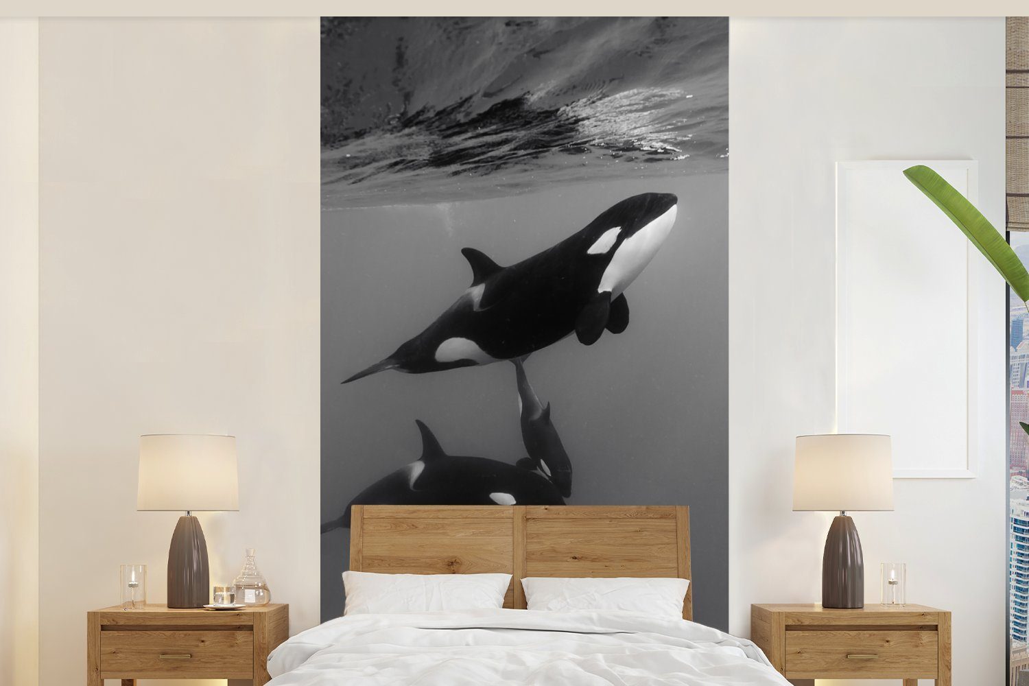 MuchoWow Fototapete Orca - Wasser - Schwarz - Weiß, Matt, bedruckt, (2 St), Vliestapete für Wohnzimmer Schlafzimmer Küche, Fototapete