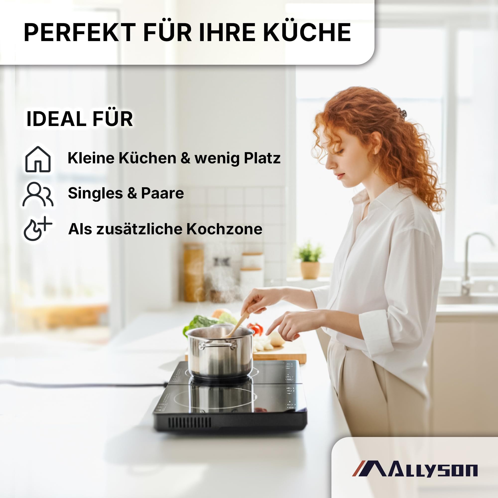Allyson Doppelkochplatte Doppel Induktionsplatte, Mobiles Induktionskochfeld 2er Kochplatte, Einbaubar & mobil, 3500W Power, 10 Stufen, flaches Kristallglas-Design