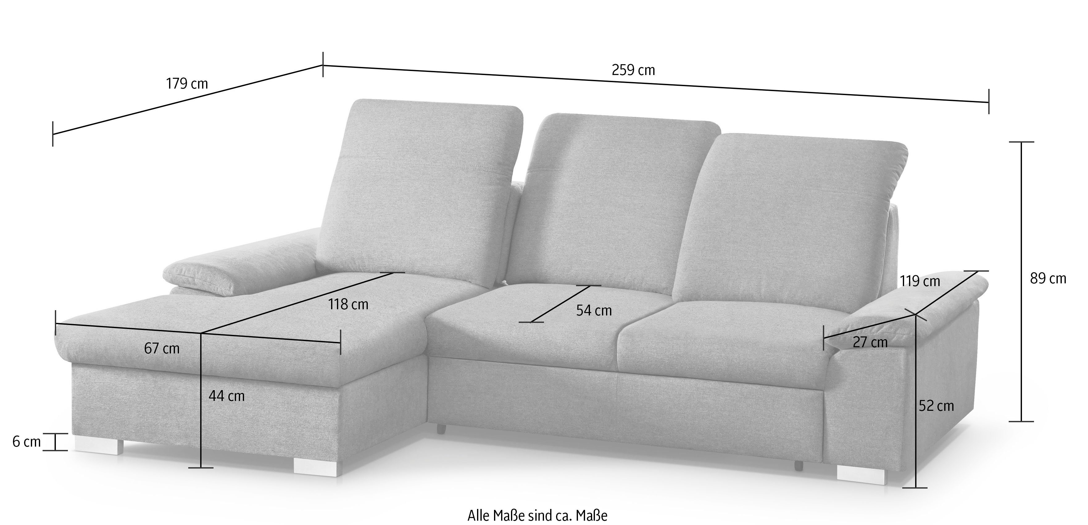 Schlaffunktion, Sitztiefenverstellung Ecksofa stone Moli CALIZZA Bettkasten, 2, INTERIORS Kopfteilverstellung,