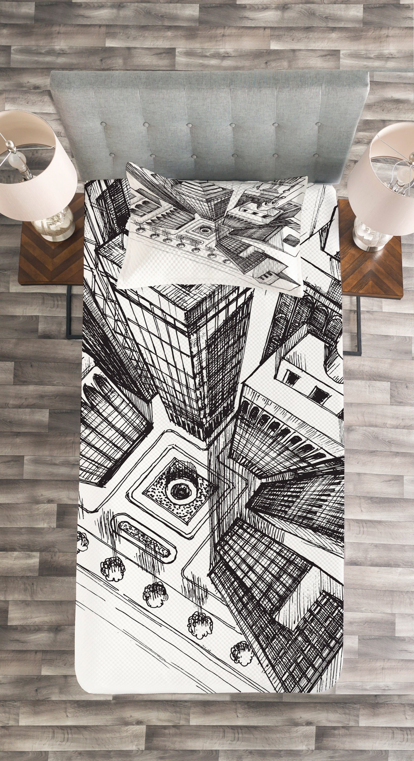 Stadt Wolkenkratzer Waschbar, Luftaufnahme Set Kissenbezügen Tagesdecke Abakuhaus, mit Skizze