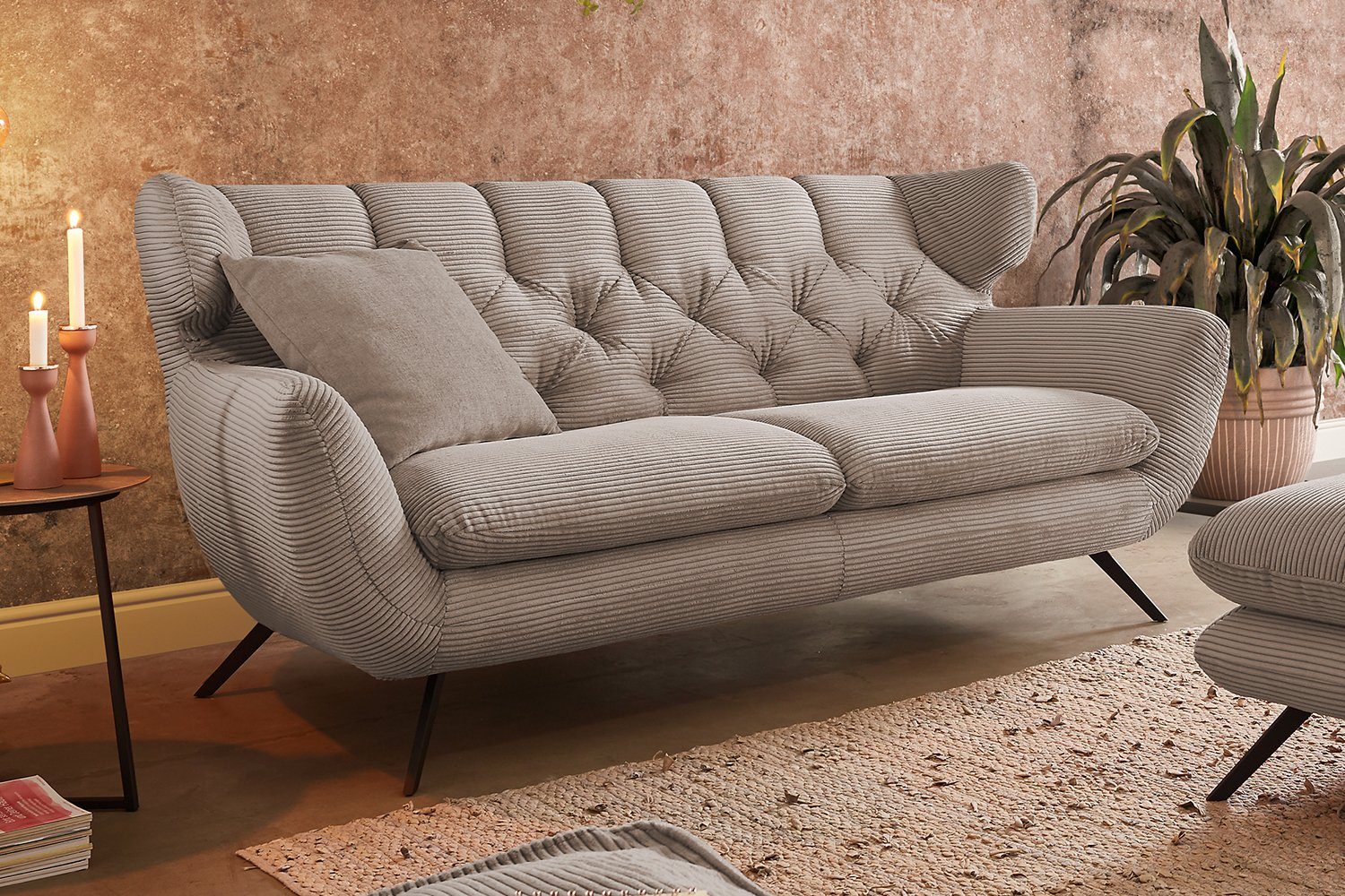 3-tlg), Sitzgruppe (Set, Cord taupe CHARME, versch. Sessel KAWOLA Hockerbank Sofa Farben