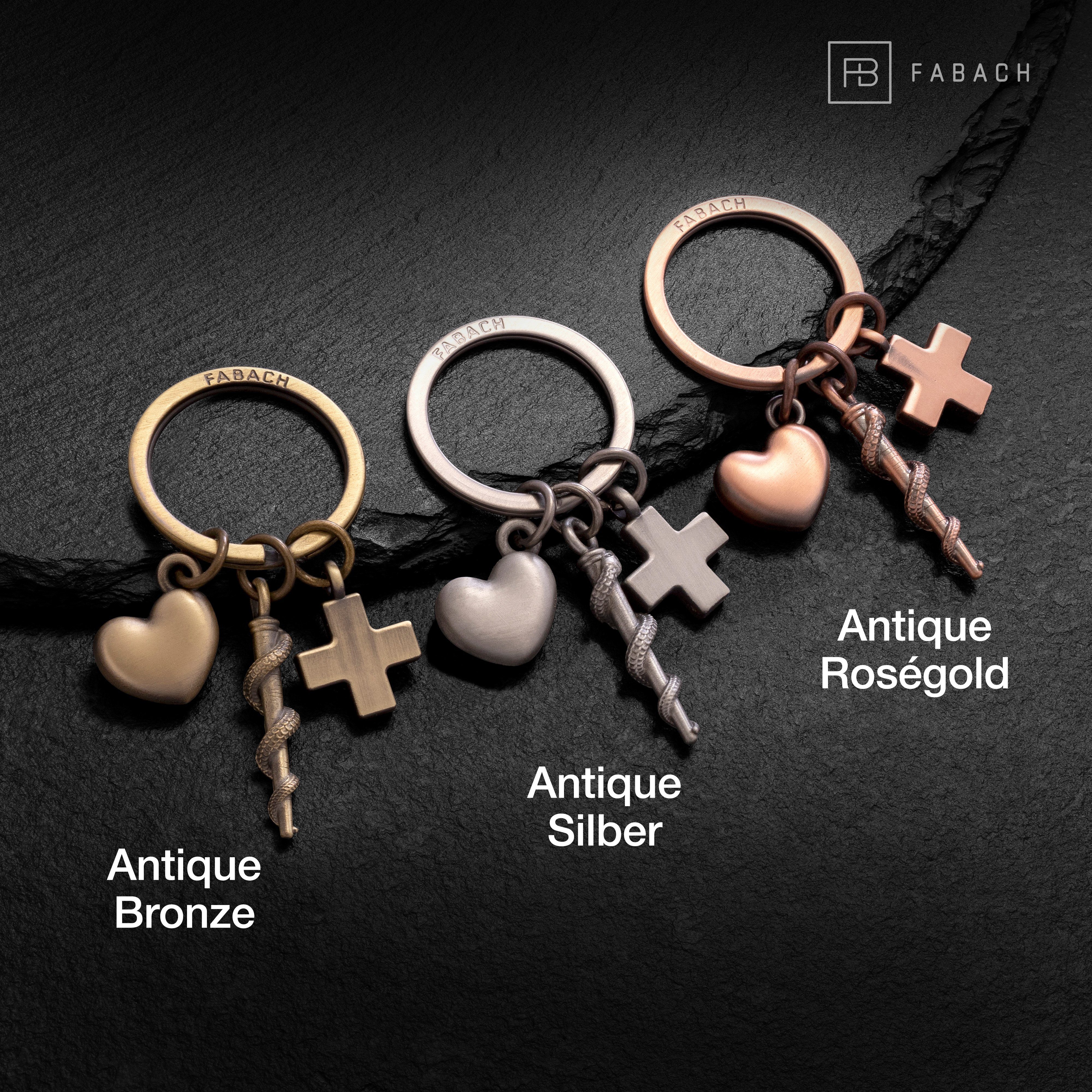 FABACH Schlüsselanhänger und Asklepios Schlüsselanhänger mit Antique Äskulapstab Herz Bronze Kreuz