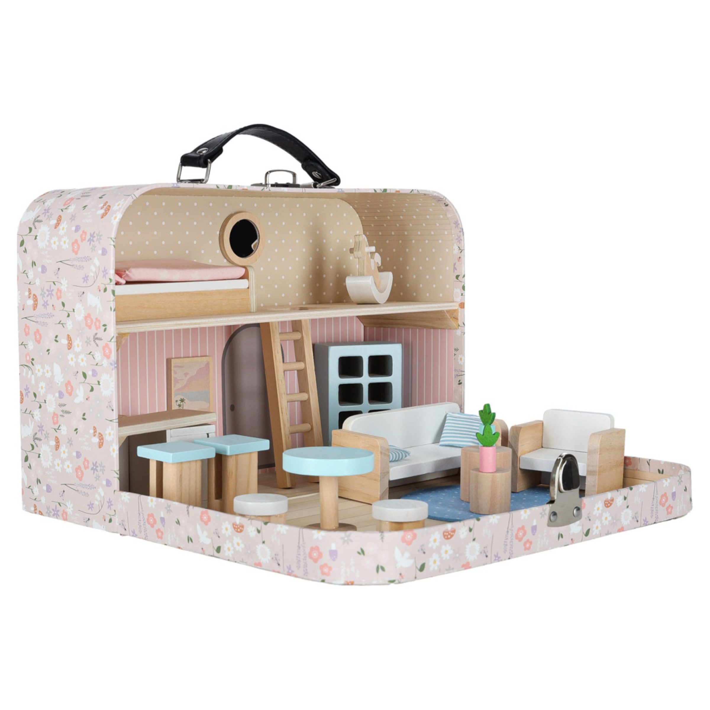 Ikonka Puppenhaus Puppenhaus Koffer mit Möbeln 25 teilig Holz Spielhaus tragbar, (Puppenhaus Set Koffer 25 teilig Holz Möbel Spielhaus Kinder, Puppenhaus Koffer 25 teilig Holz Möbel Zubehör tragbar Set), tragbar Koffer Holz Möbel 25 teilig kompakt aufklappbar Kinder