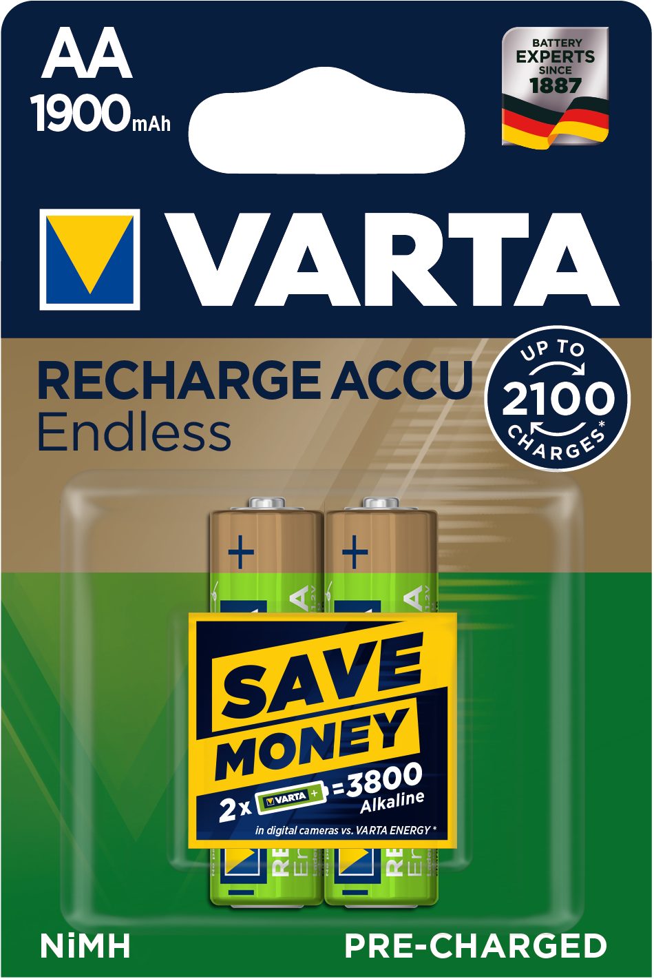 Wiederaufladbarer NiMH Akku AA 1900 mAh, 2er Blister, ohne Akku-Set