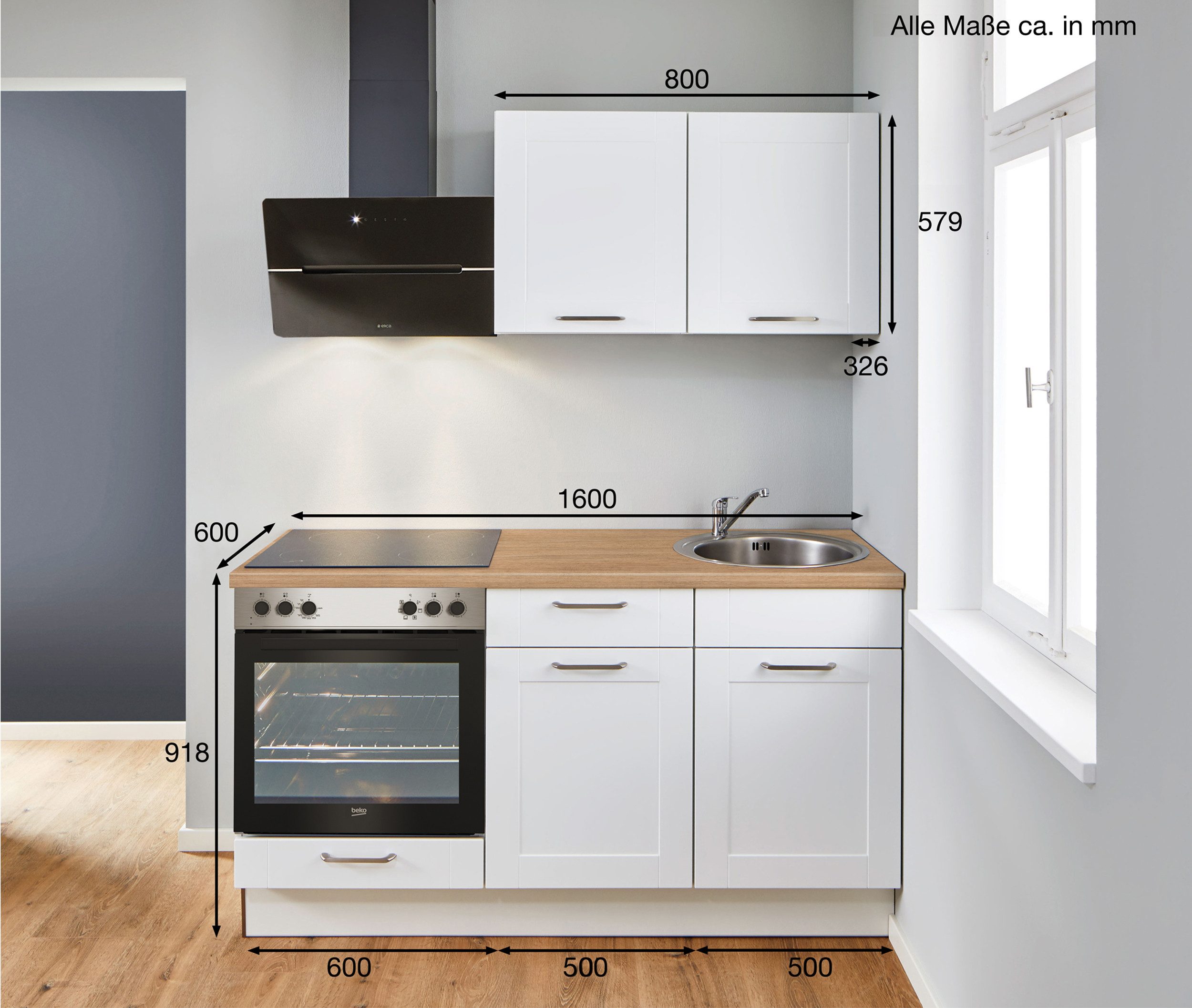 pino Küchenzeile Auxerre, individuell anpassbar, gratis Küchenplanung mit Profis, (Breite 160cm), vormontiert, wahlw. mit E-Geräten, Preis inkl. Lieferung