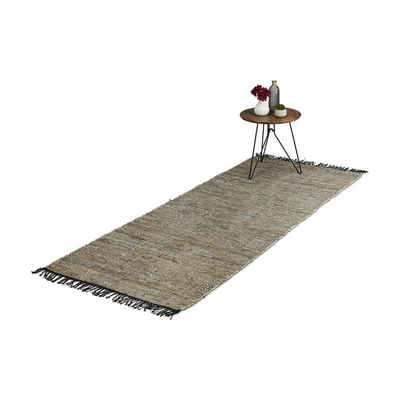 Läufer Flickenteppich aus Leder & Baumwolle, relaxdays, Höhe: 5 mm, Grau, 80x200cm