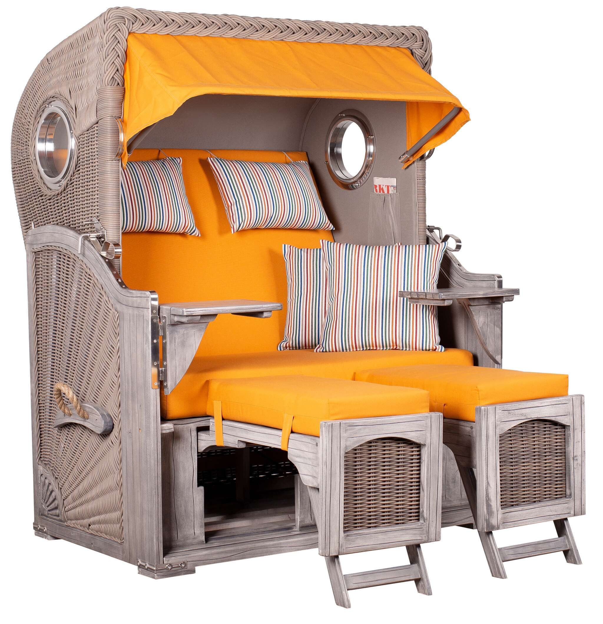 MR.DEKO Strandkorb 2-Sitzer Düne Koboo Graues Holz, Volllieger mit Bullauge, BxTxH: 125x80x170 cm, Volllieger, Düne, (Fertig montierter Strandkorb für Garten, Terrasse & Balkon), Wetterfester Volllieger mit Edelstahlbeschlägen & waschbaren Polstern