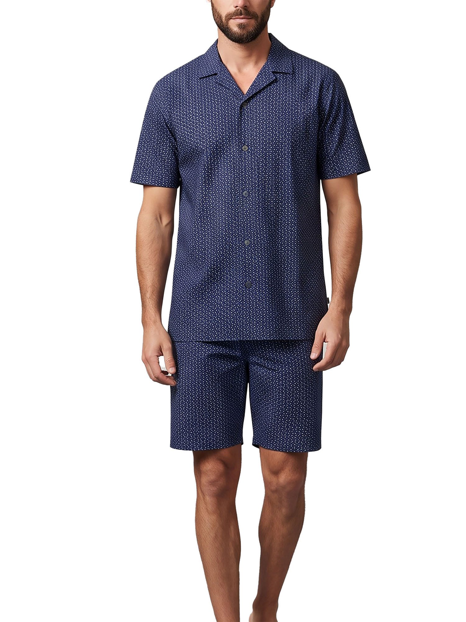 seidensticker Pyjama Herren Schlafanzug kurz bodywear (Packung, 1 tlg) aus Baumwolle, Allover-Print, Hemdkragen, durchgeknöpft