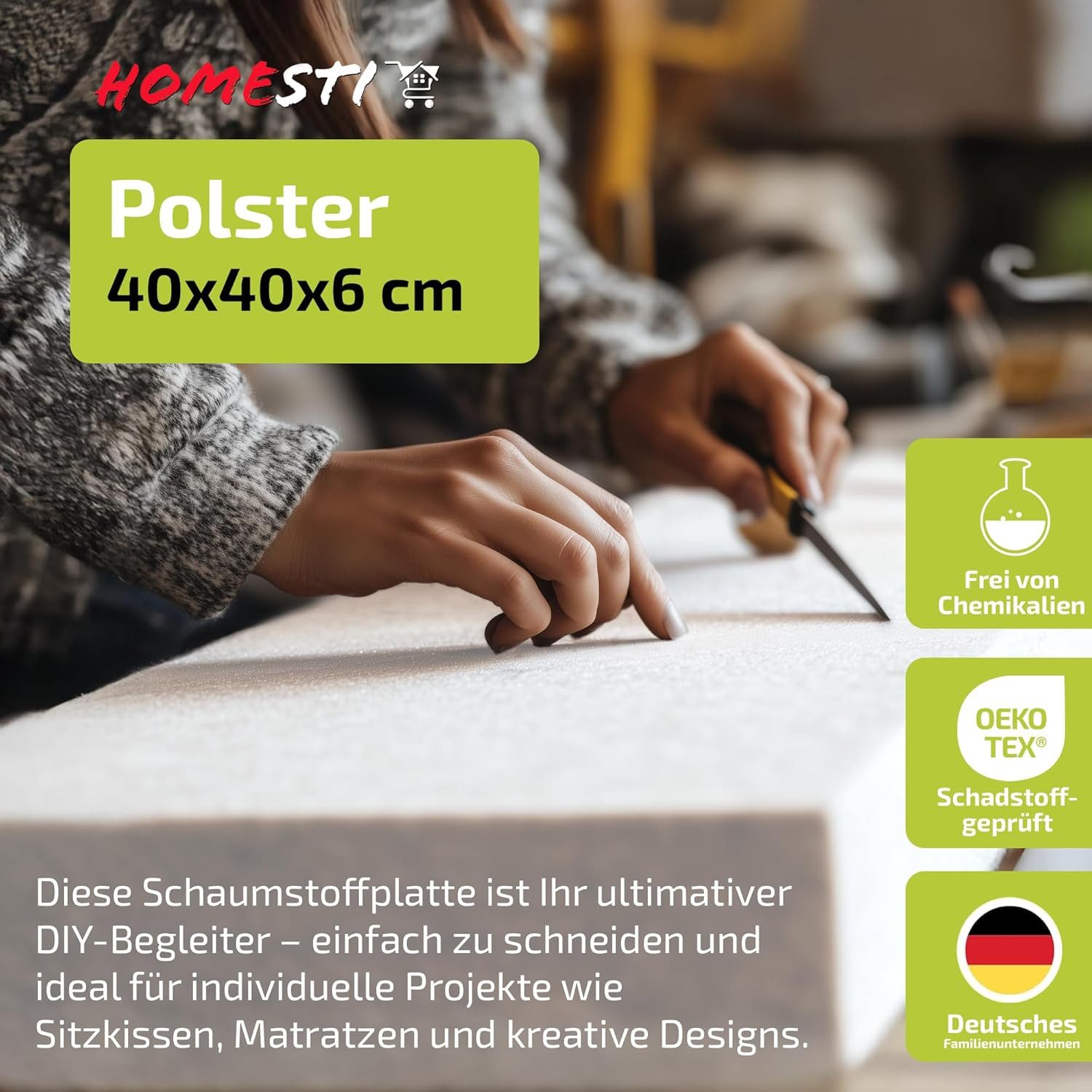 homesti Polsterauflage zuschneidbares Polster 40 x 40 x 6 cm Schaumstoffplatte Sitzkissen, lässt sich problemlos zuschneiden (Cuttermesser, Tepichmesser)