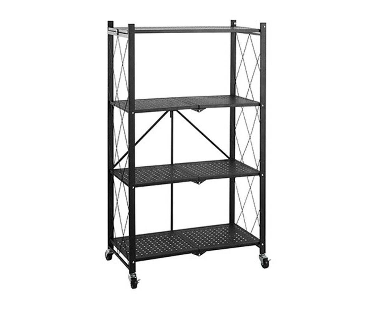 Systafex® Regal Mobiles Stahlregal mit 4 Ablagen und Rollen – Klappbar und Vielseitig