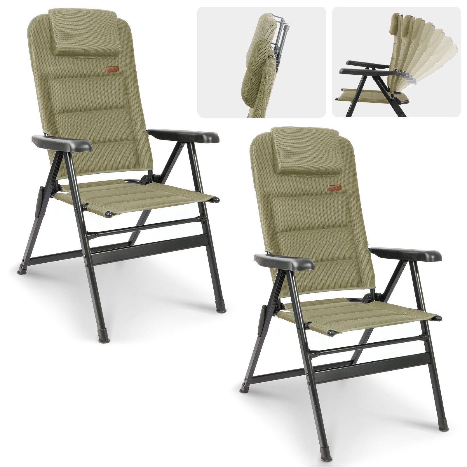 HOMECALL Klappstuhl Hochlehner Campingstuhl Gartenstuhl Gepolstert Faltstuhl Balkonstuhl (150 KG Belastbar Erstellbare Kopfstutze Anglerstuhl,Groß und Hoch, 2 St), mit 7-Fach Verstellbare lehne, für Camp Garten Balkon