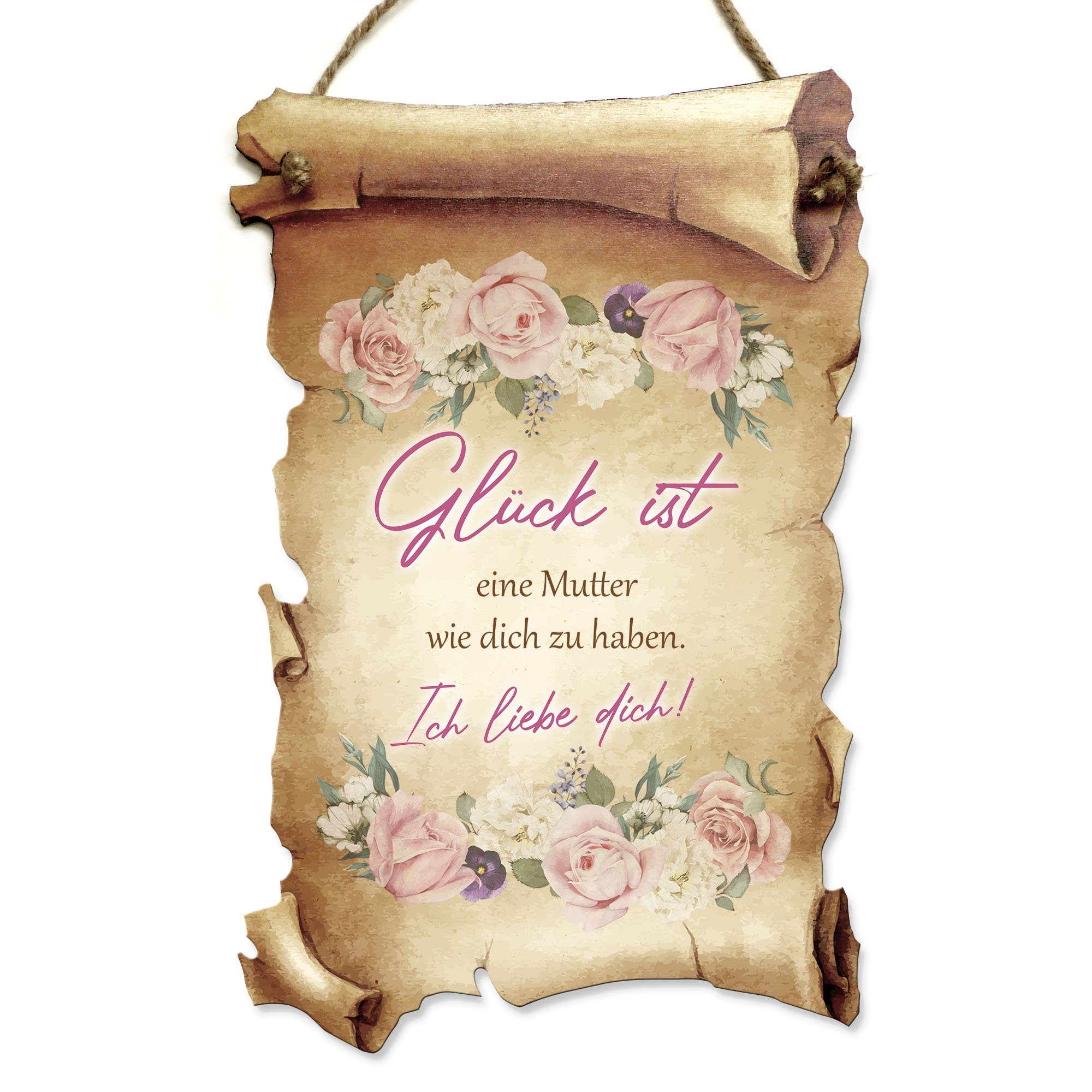 Kreative Feder Wanddekoobjekt Deko-Schild „Mutter“ aus Holz in Schriftrollen-Optik, mit Motiv & Spruch, ideales Geschenk für Freunde & Familie
