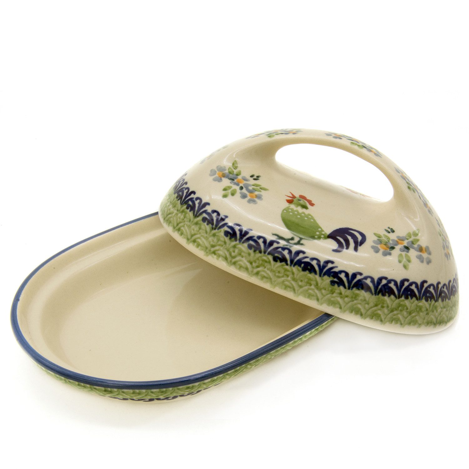 Bunzlauer Keramik Manufaktura Butterdose oval mit großem Griff, Unterteil und Deckel oval geformt, großer Griff.