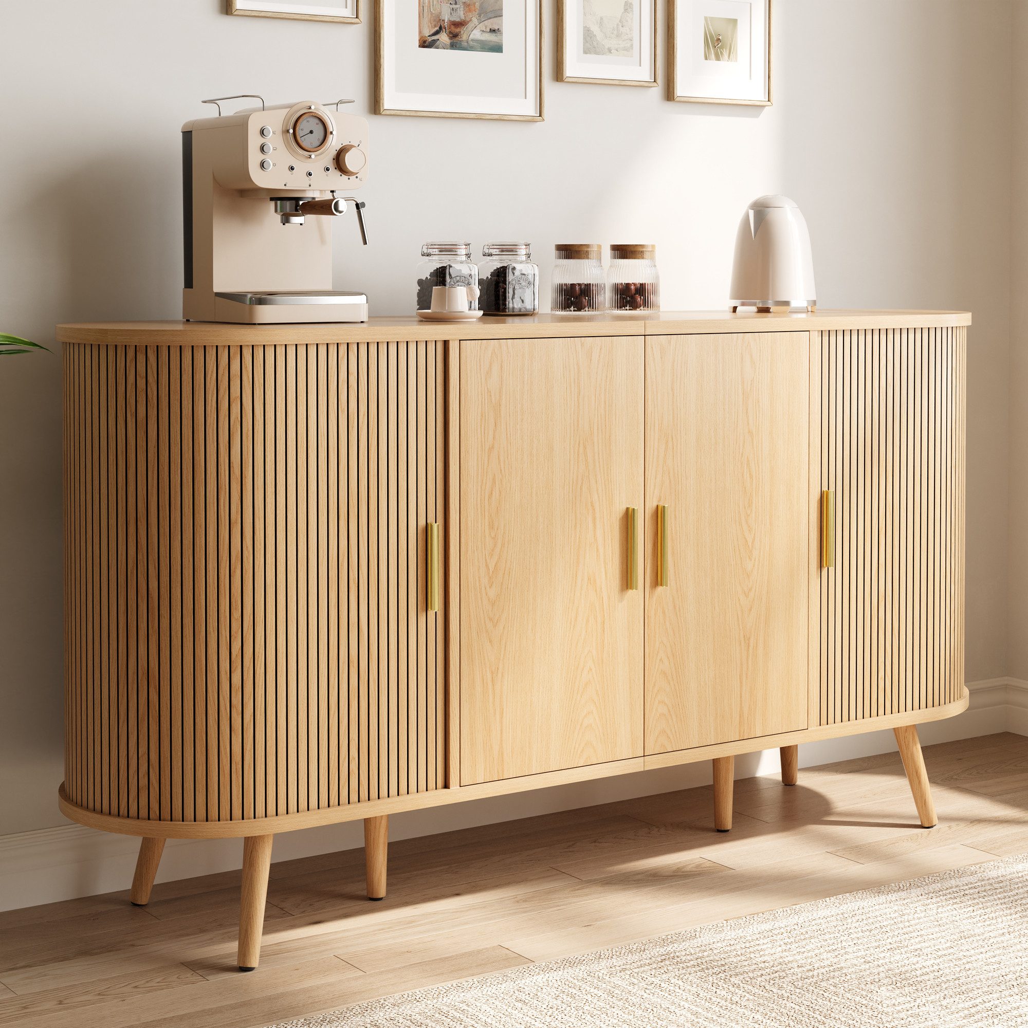 Merax Sideboard mit vertikaler Rillenstruktur und gebogenem Design (150 L x 40 B x 79 H cm, 1 St., Wohnzimmerschrank Aufbewahrungsbuffet Esszimmerschrank), Kommde mit Schiebetüren, Metallgriffen, Massivholzfüßen & Stauraum