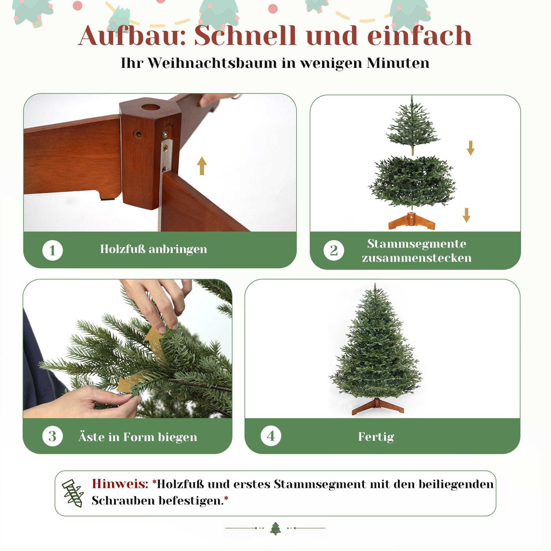 USOKYO Künstlicher Weihnachtsbaum 100 % PE [1,2m/1,8 m/2,1 m] - Naturgetreue Nordmanntanne, Tannenbaum, Premium Weihnachtsbaum mit Holzständer, Klappsystem & la – Bild 4 von 5