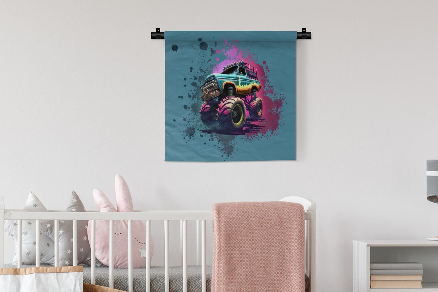 für Wanddekoobjekt Monstertruck Rosa Wandbehang, Kleid, - - Farbe Kinderzimmer Neon, MuchoWow - Wanddeko Schlafzimmer, Wohnzimmer, - Graffiti