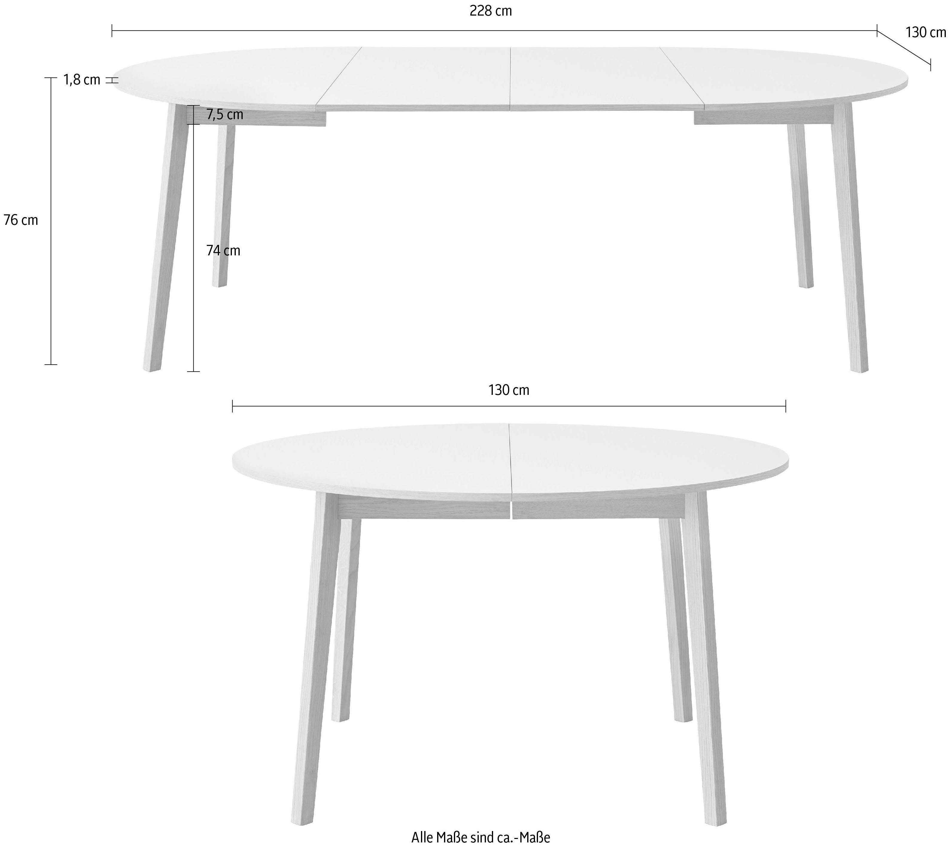 Massivholz, cm, Einlegeplatten Gestell by Single, aus Hammel 2 Basic Weiß/Naturfarben Esstisch Furniture Ø130/228 Hammel inklusive