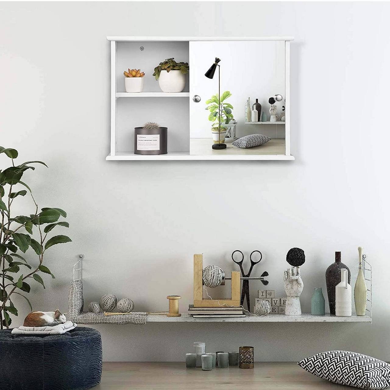 aus weiß mit Holz Ablage, (1-St) cm, Spiegelschrank 56x36x14 EUGAD