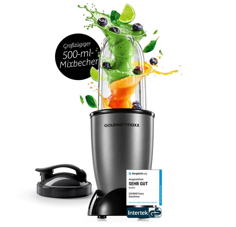 GOURMETmaxx Standmixer Mr. Magic 4-tlg. 400W anthrazit/schwarz, 400 W, Elektrischer Mini-Mixer 500ml pürieren Smoothies Shakes Cocktails