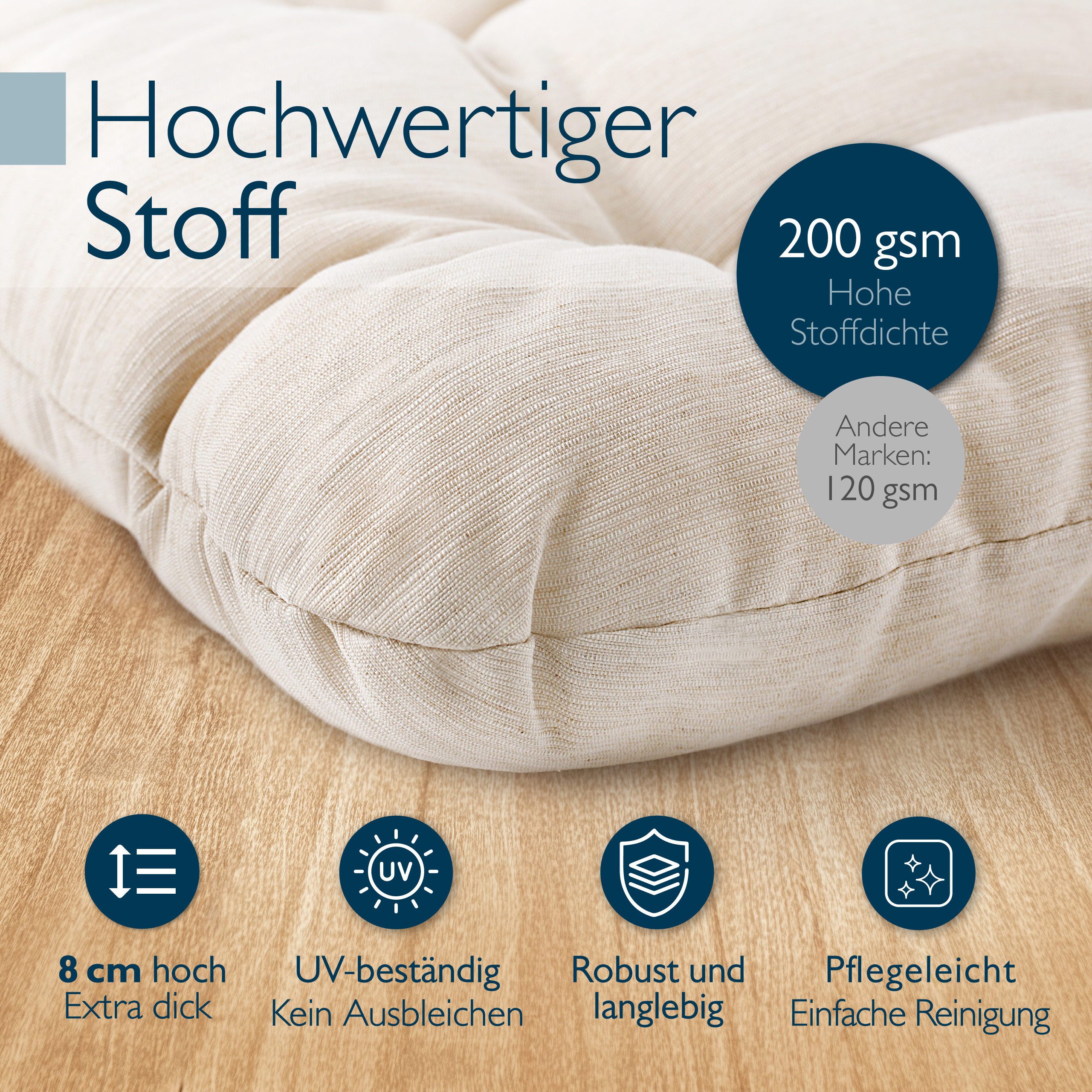 Beautissu Stuhlkissen 4er Set Premium Stuhlkissen Natur HighLux SK, 40x40x8cm, Indoor & Outdoor – Polster für Balkonstühle Gartenstuhl Sitzpolster