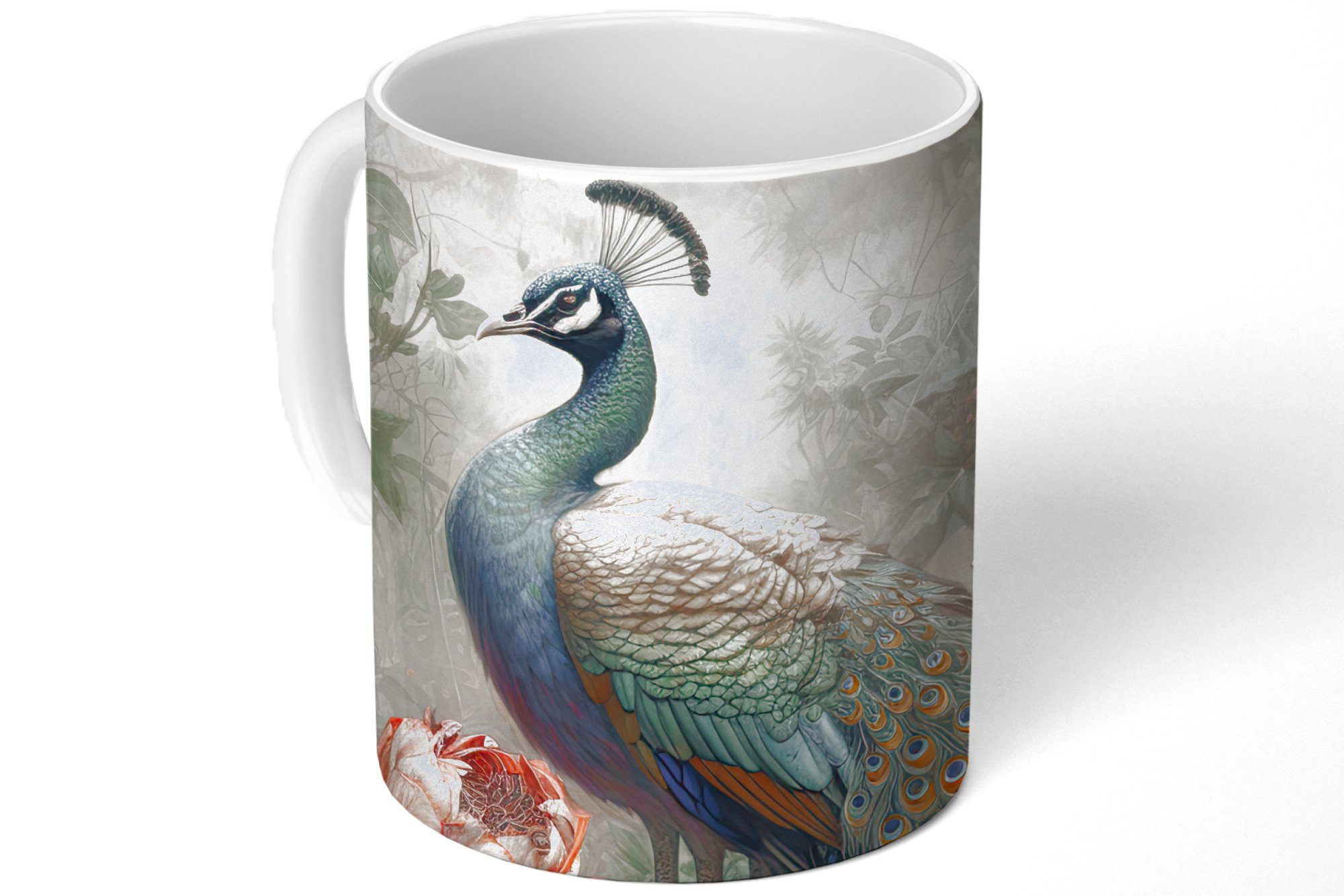 MuchoWow Tasse Pfau - - - Becher, Dschungel Teetasse, Blumen, Teetasse, Pfauenfedern - Vogel Keramik, Kaffeetassen, Geschenk