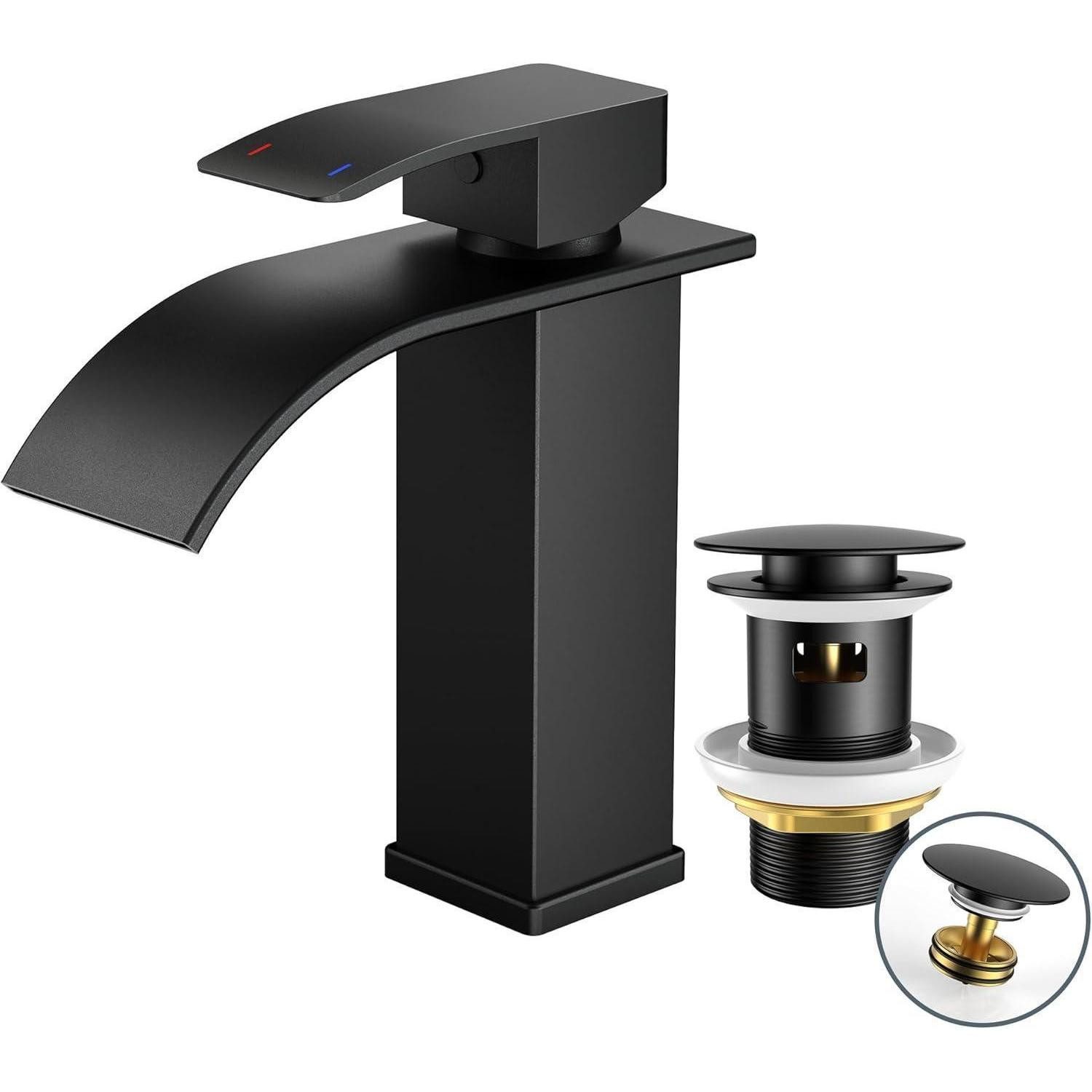 LuxusKollektion Waschtischarmatur Waschtischarmatur Wasserfall Ablaufgarnitur Schwarz 110mm Matt-schwarz