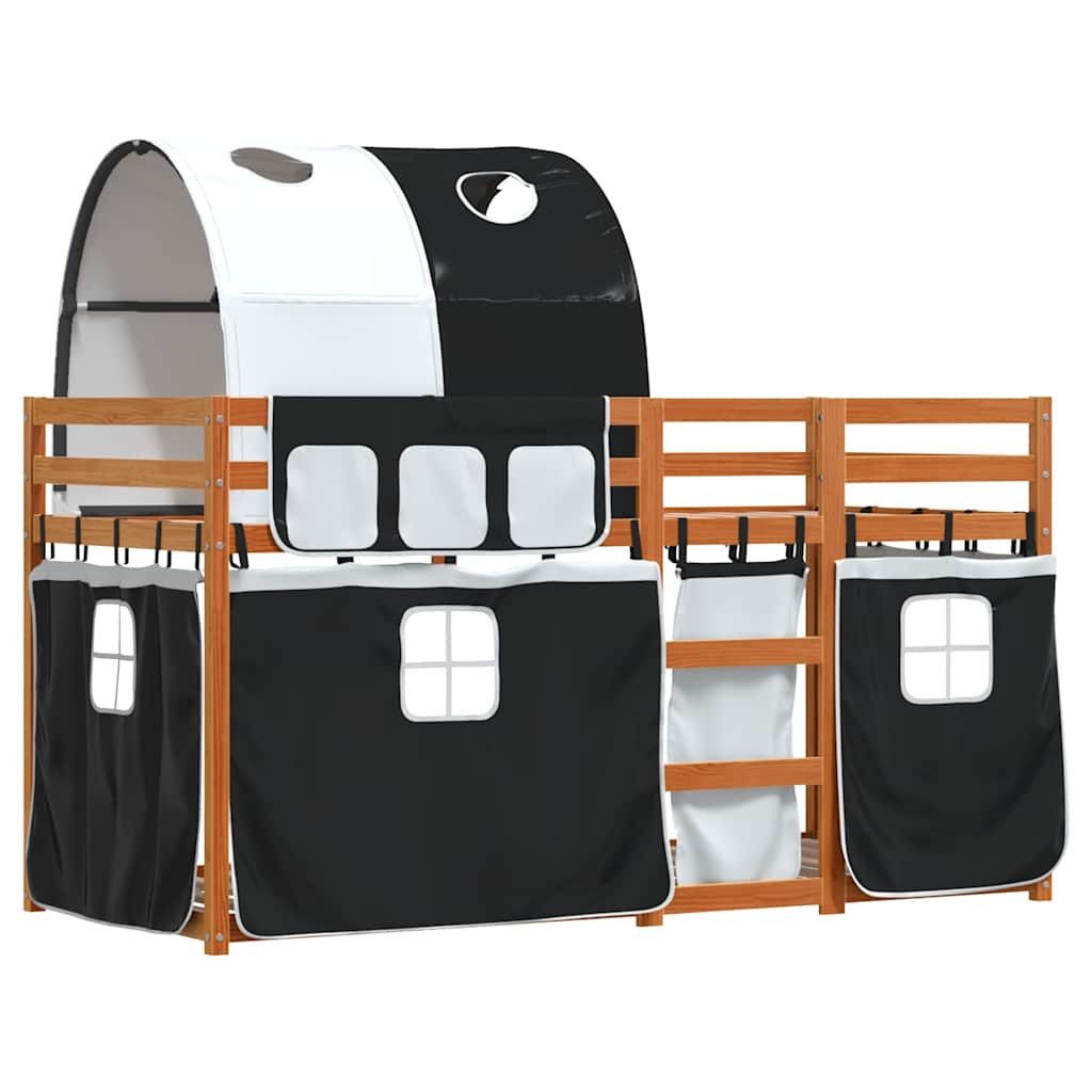 vidaXL Bett Etagenbett mit Vorhängen Weiß & Schwarz 90x190 cm Kiefernholz