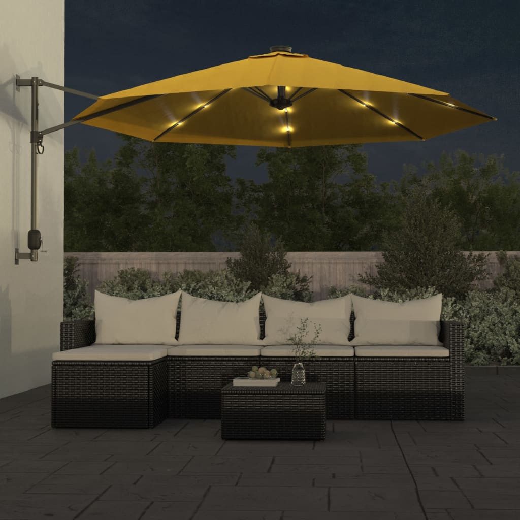 vidaXL Sonnenschirm Wand-Sonnenschirm mit LEDs Gelb 290 cm