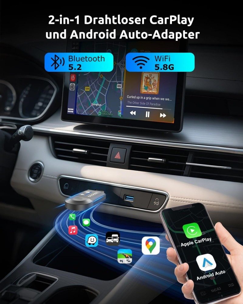 ESSGOO 2 in 1 Kabelloses Carplay & Android Auto Adapter WLAN Typ-C/USB Adapter Type-C, USB zu Type-C, USB