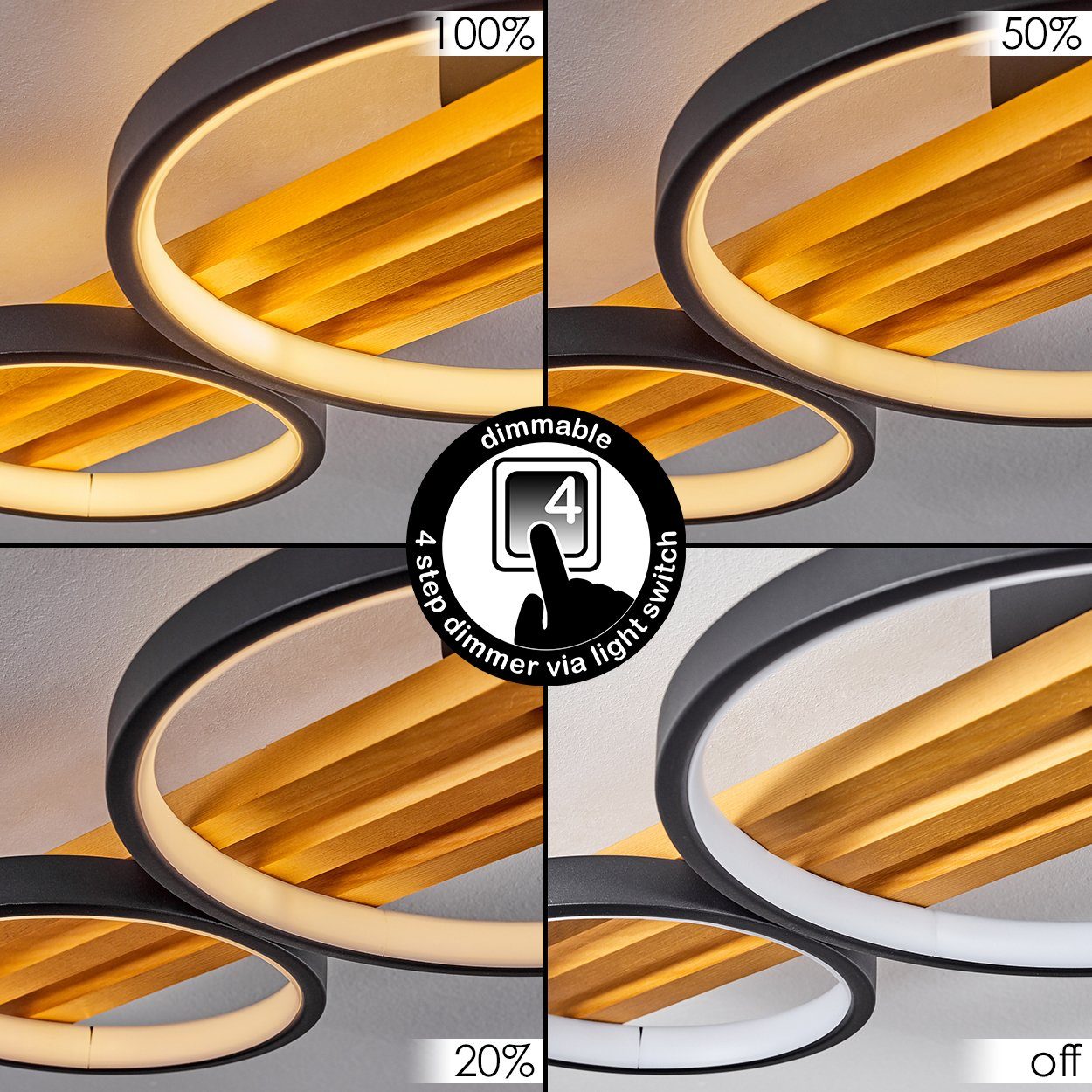 Deckenlampe dimmbar, 5100 wechselbar, m. aus Kelvin, über Schwarz/Natur/Weiß, 3000 in Lichtschalter Holzbalken, Metall/Holz/Kunststoff hofstein Deckenleuchte herkömmlichen LED Lumen