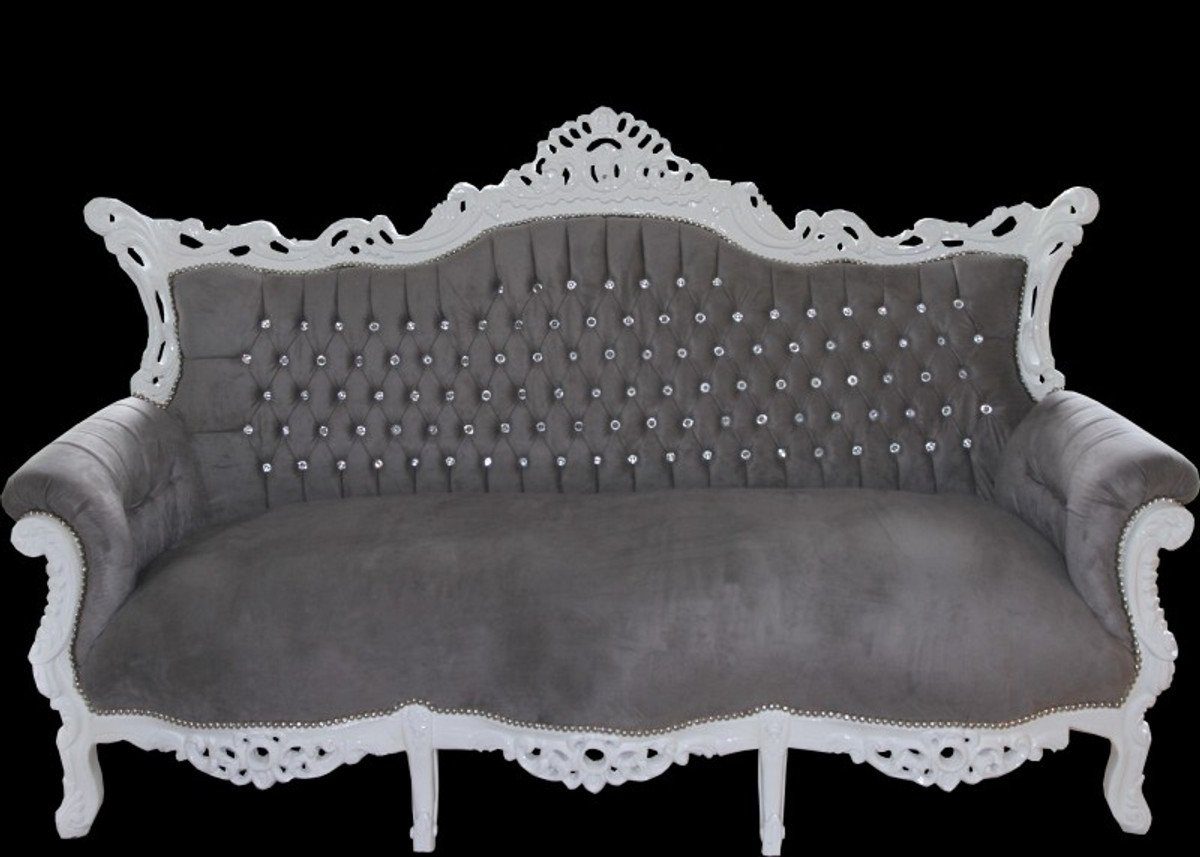Barock Grau Bling Sofa mit Glitzersteinen Padrino Master Lounge Möbel - Wohnzimmer Couch Casa Bling / 3-Sitzer 3-er Weiß