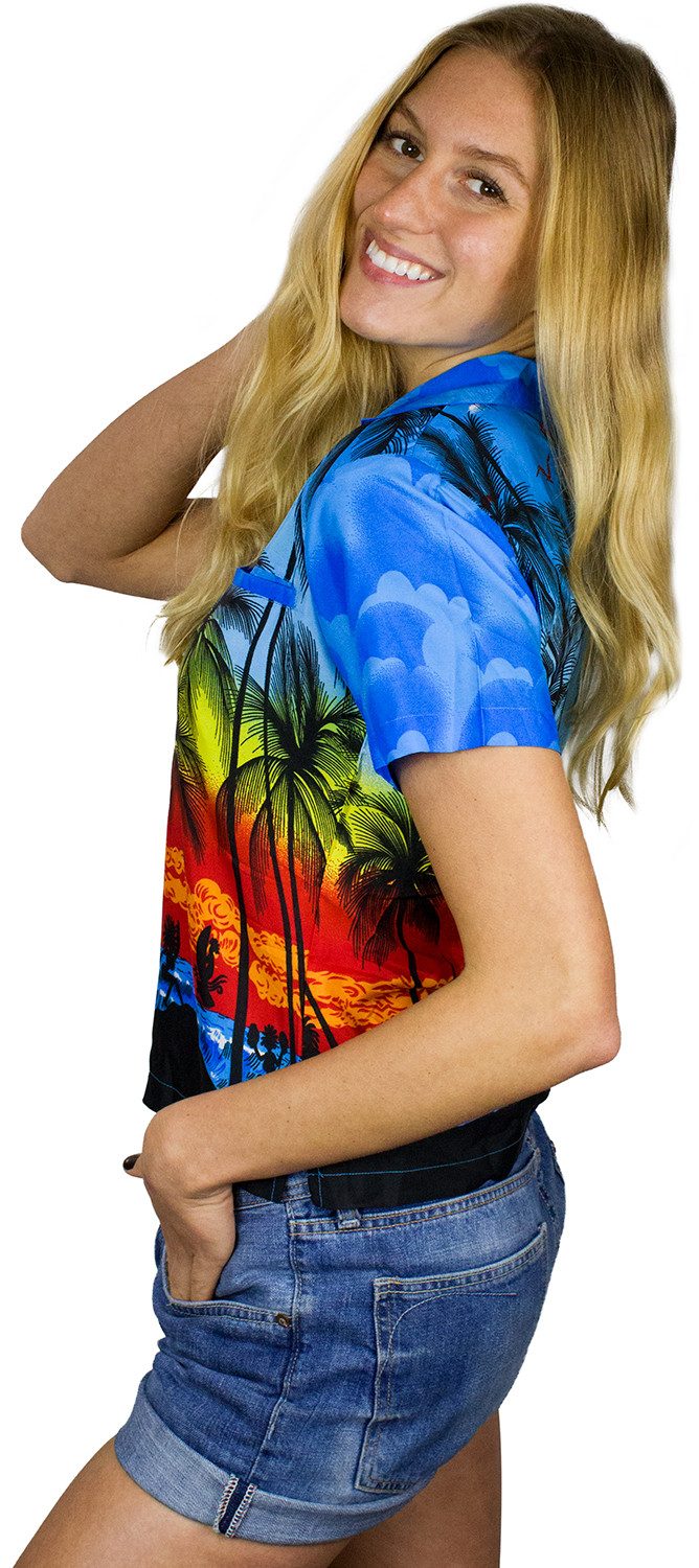 King Kameha Hawaiihemd Beach Funky Hawaiibluse Damen Kurzarm Front-Tasche Stylish
