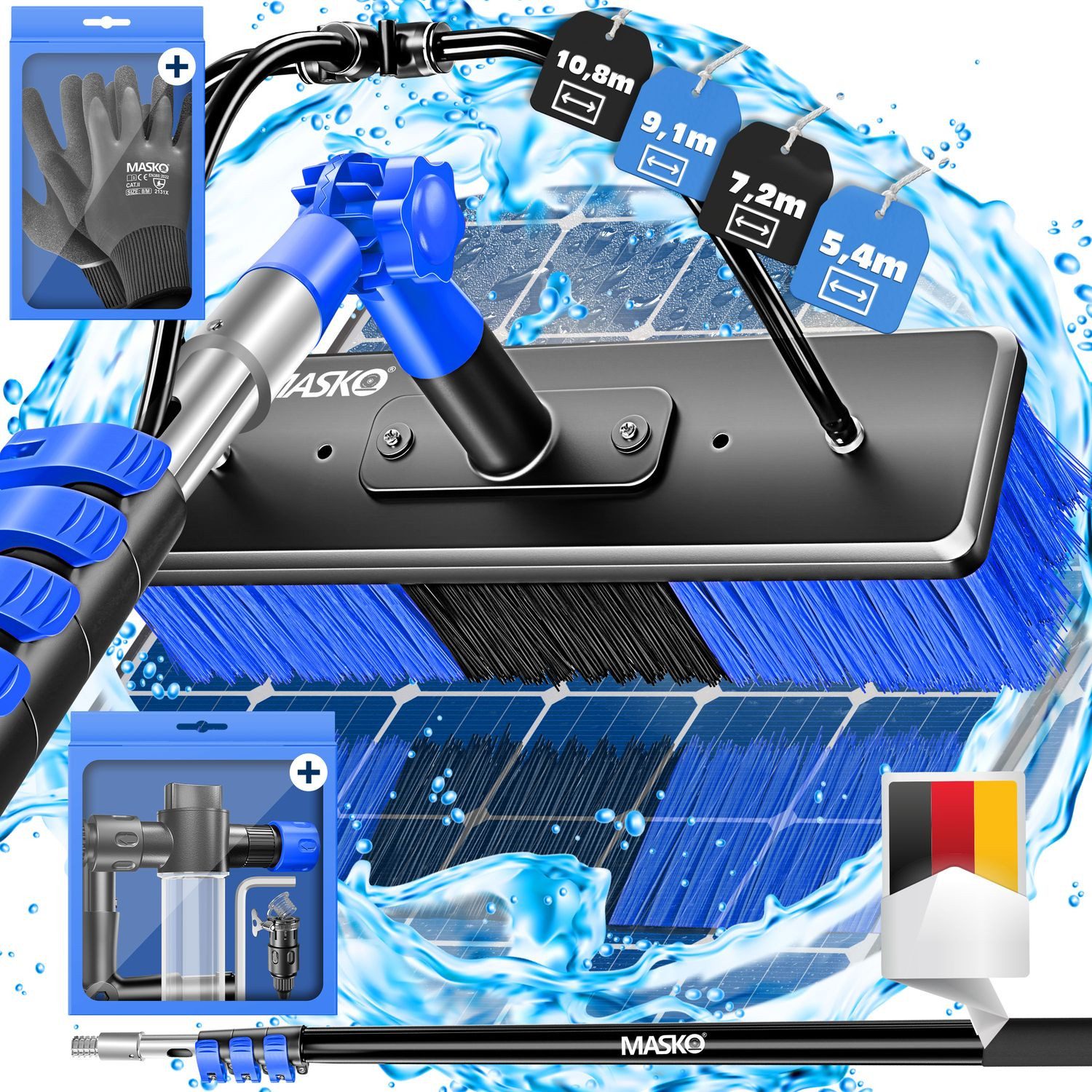 MASKO Reinigungsbürste, (mit Teleskopstage, Seifenspender & Handschuhe), Teleskop Waschbürste Teleskopstiel bis 5,4m Ausziehbar Weiche Borsten