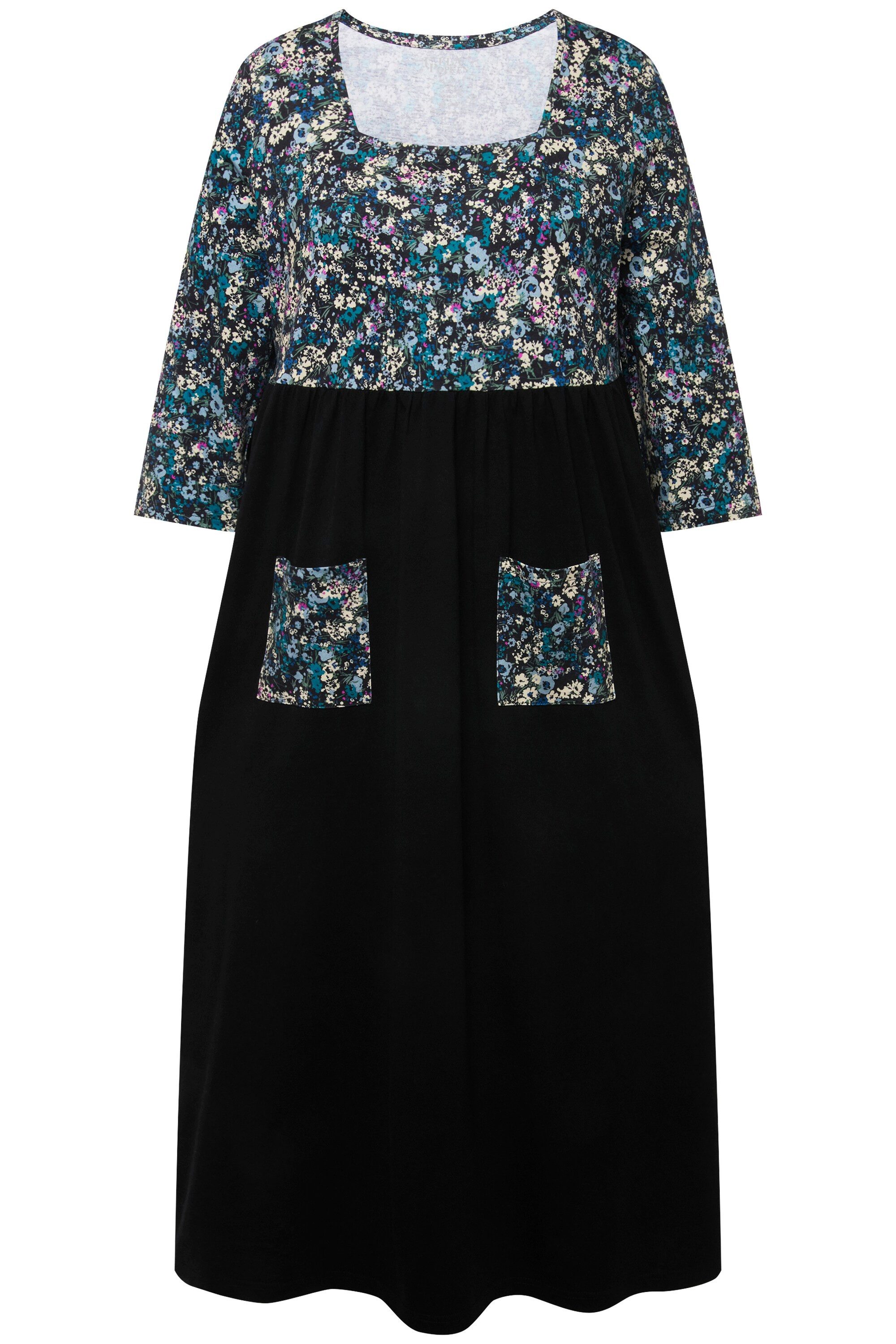 Ulla Popken Maxikleid Jersey-Maxikleid Blüten Carree-Ausschnitt 3/4-Arm