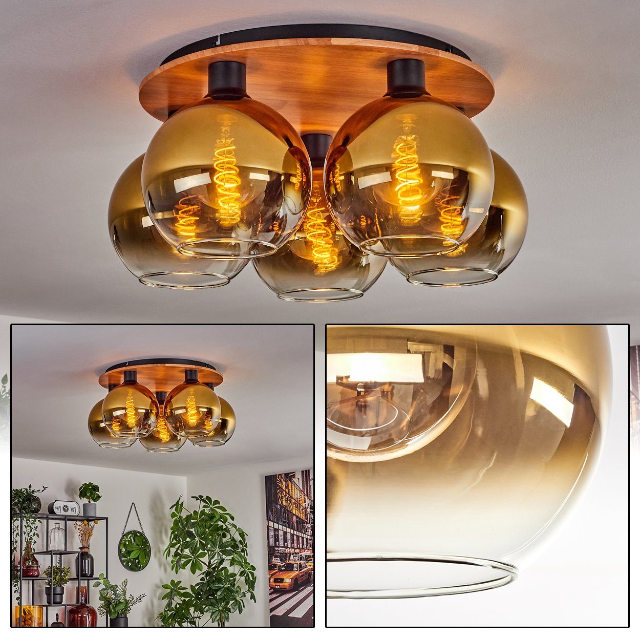 hofstein Deckenleuchte Deckenlampe aus Metall/Holz/Glas in Schwarz/Natur/Goldfarben/Klar, ohne Leuchtmittel, Leuchte im Retro-Design aus Glas, 5 x E27, ohne Leuchtmittel