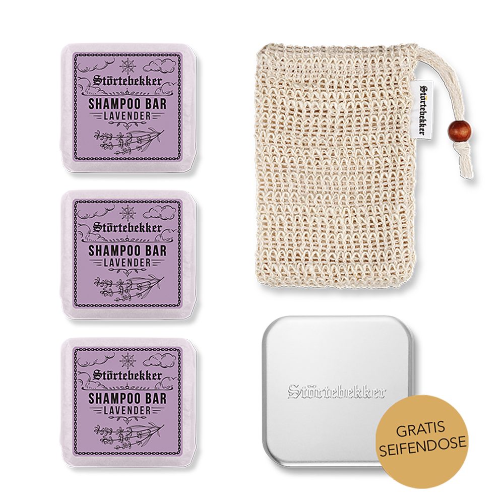 Störtebekker Festes Haarshampoo Duschset - 3x Shampoo, Soap Bag und GRATIS Seifendose, Veganes Shampoo, praktische Aufbewahrung, handgefertigt in Holland