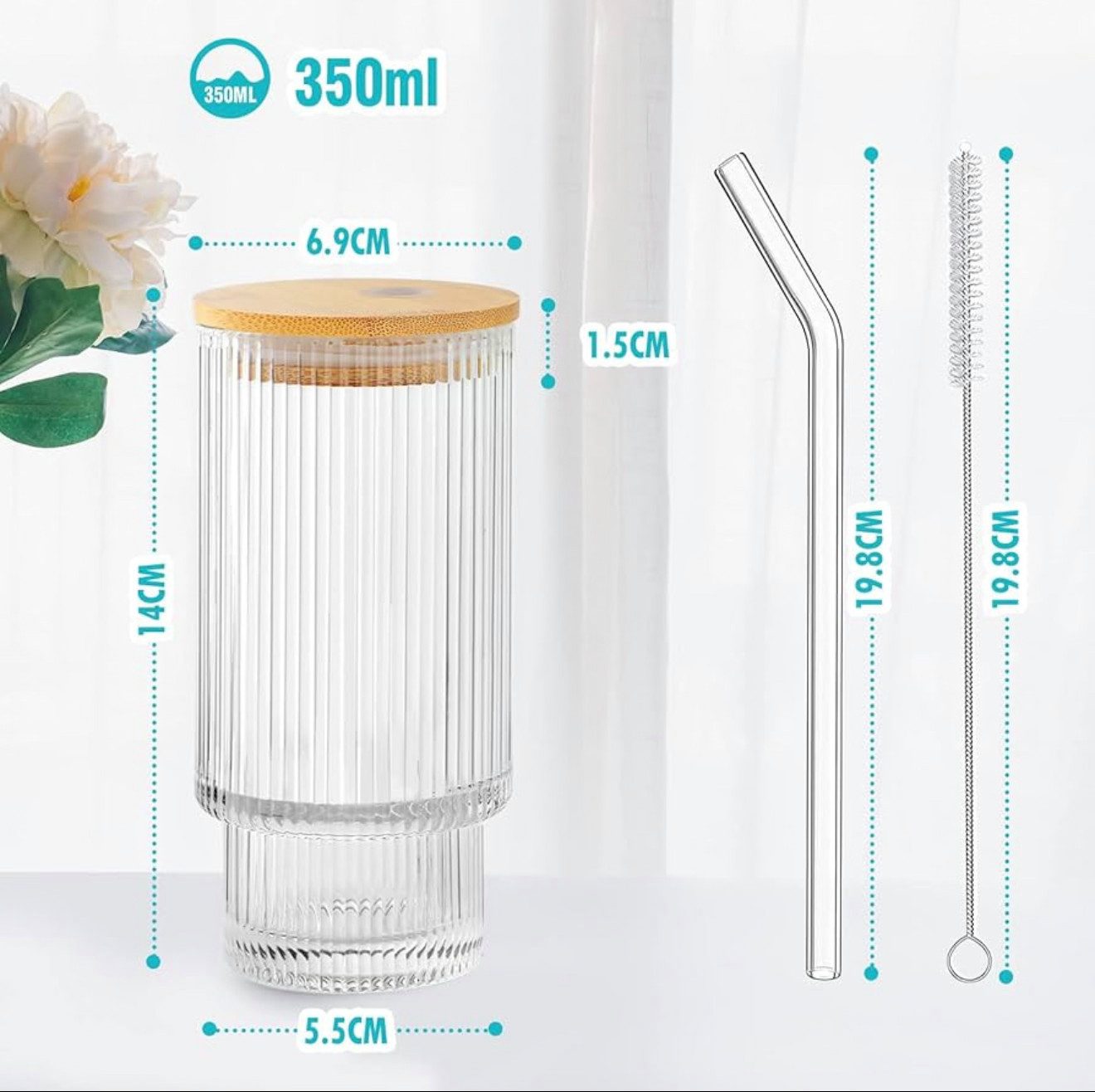 Anhow Cocktailglas 4er Cocktailgläser 350ml mit Deckel & Glasstrohhalm – stapelbar, Glas, Stapelbare Cocktailgläser mit Deckel & Strohhalm aus Glas