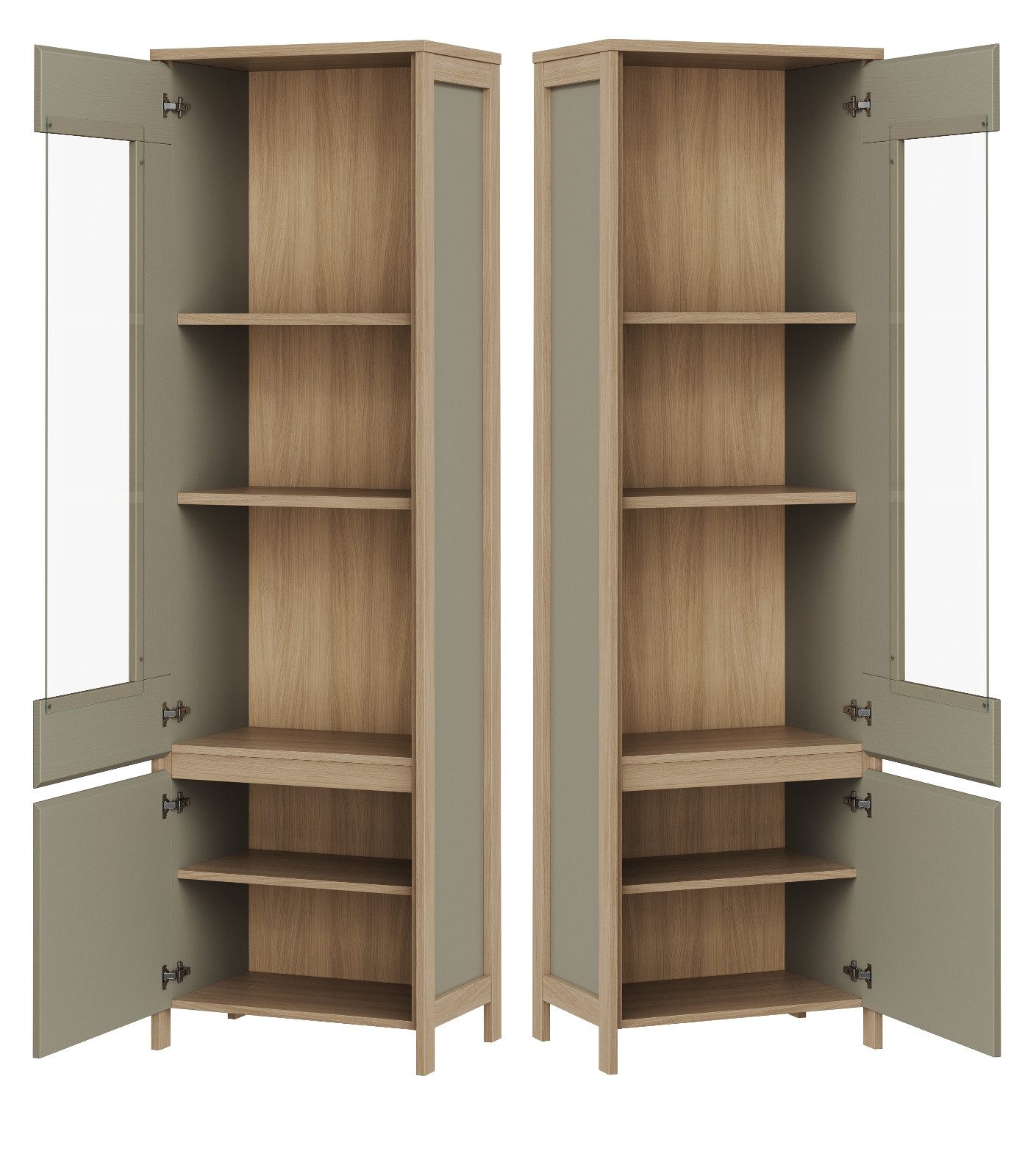Furn.Design Stauraumvitrine Finnes (Vitrinenschrank in Salbei und Eiche, 58 x 195 cm) wechselbarer Türanschlag und Soft-Close-Funktion