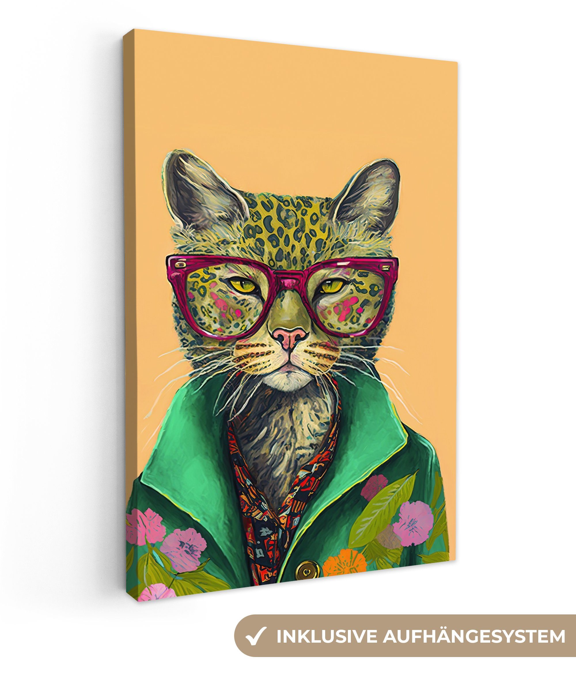 OneMillionCanvasses® Leinwandbild Tiere - Katze - Brille - Blumen - Hippie, Fotodruck (1 St), Leinwand Canvas Wandbild, Wanddekoration 20x30 cm