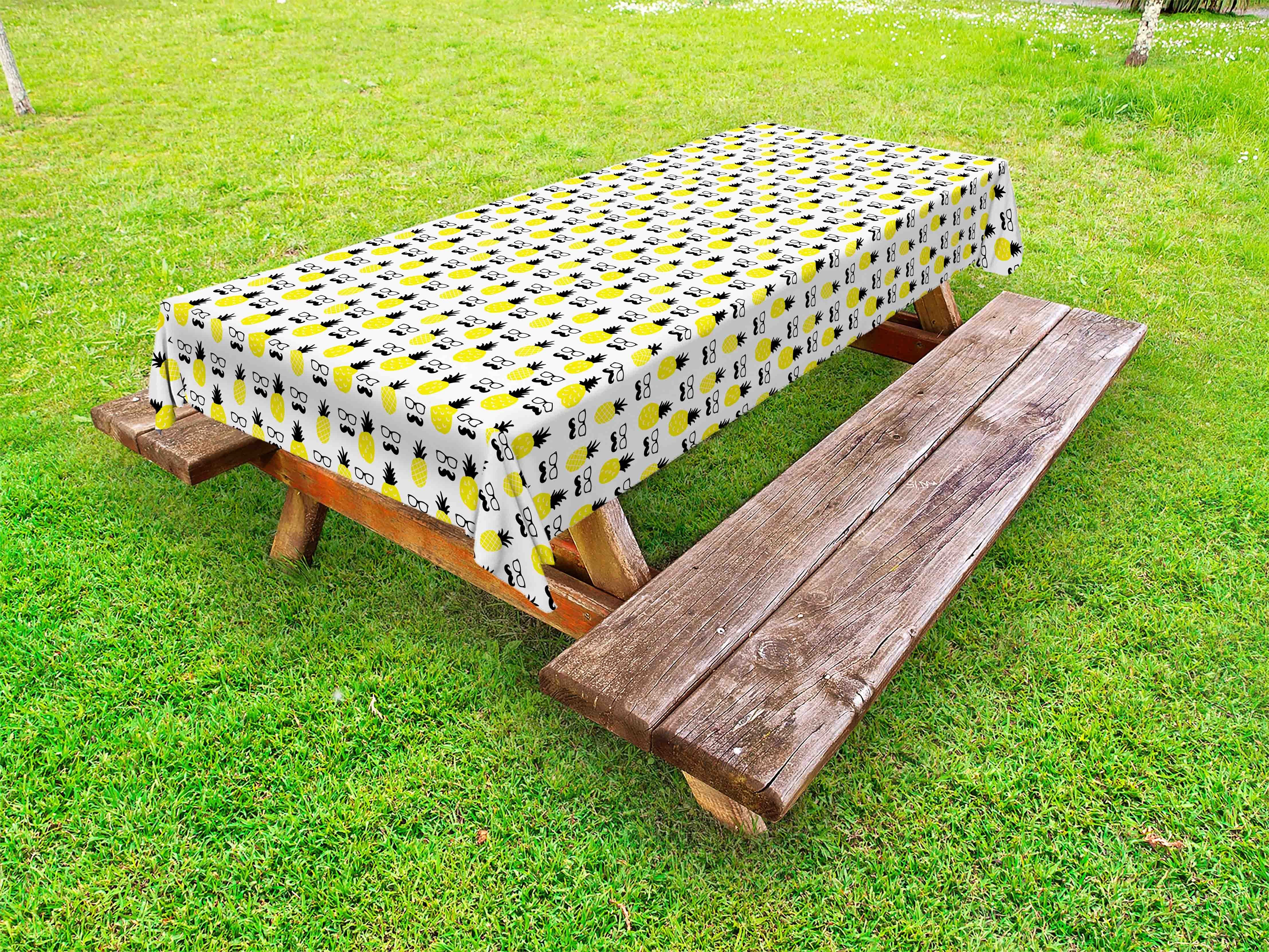 Abakuhaus Tischdecke dekorative Brille waschbare Picknick-Tischdecke, Ananasse Schnurrbart Gelb