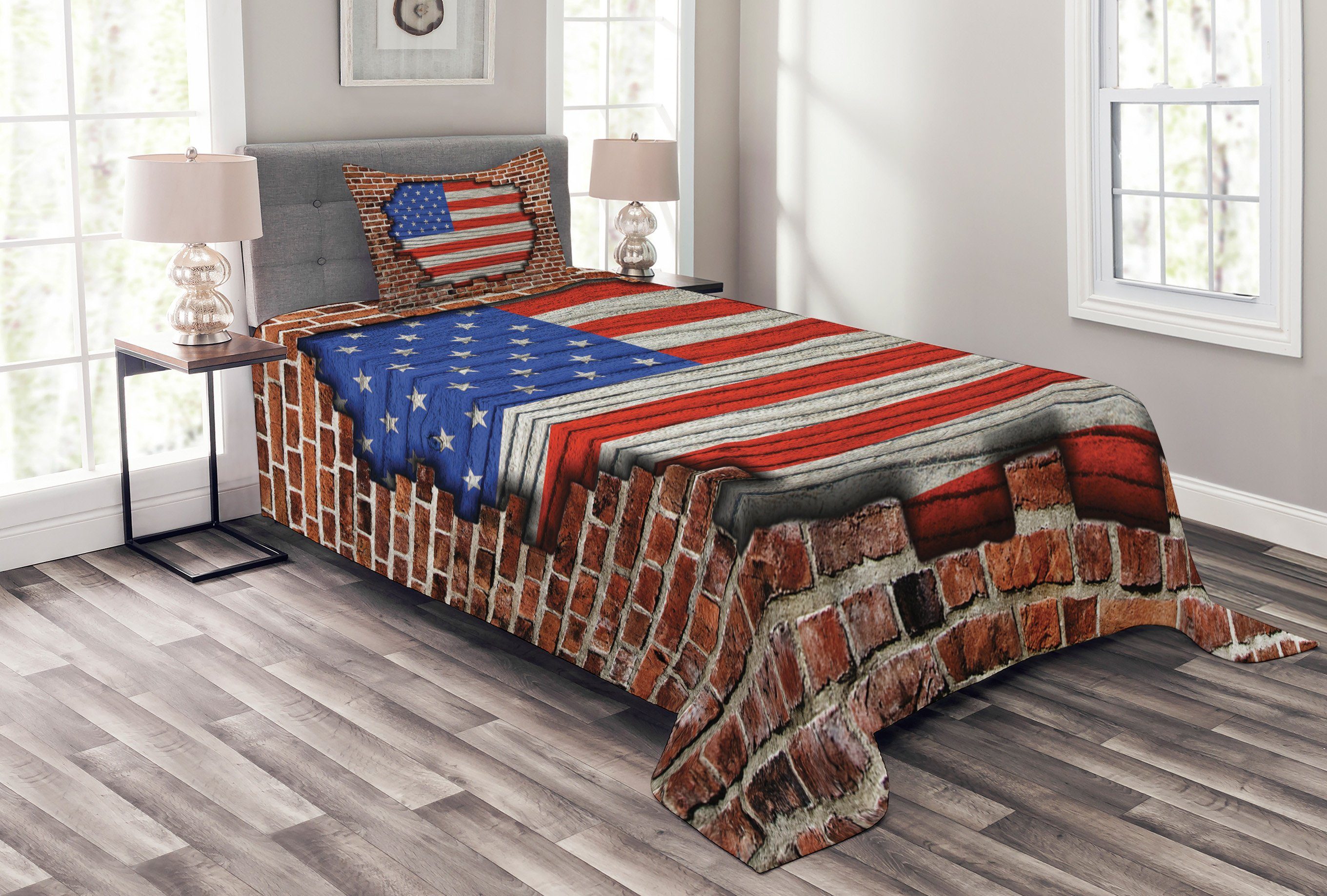 Tagesdecke Set mit Kissenbezügen Waschbar, Abakuhaus, Vereinigte Staaten von Amerika American National Flag