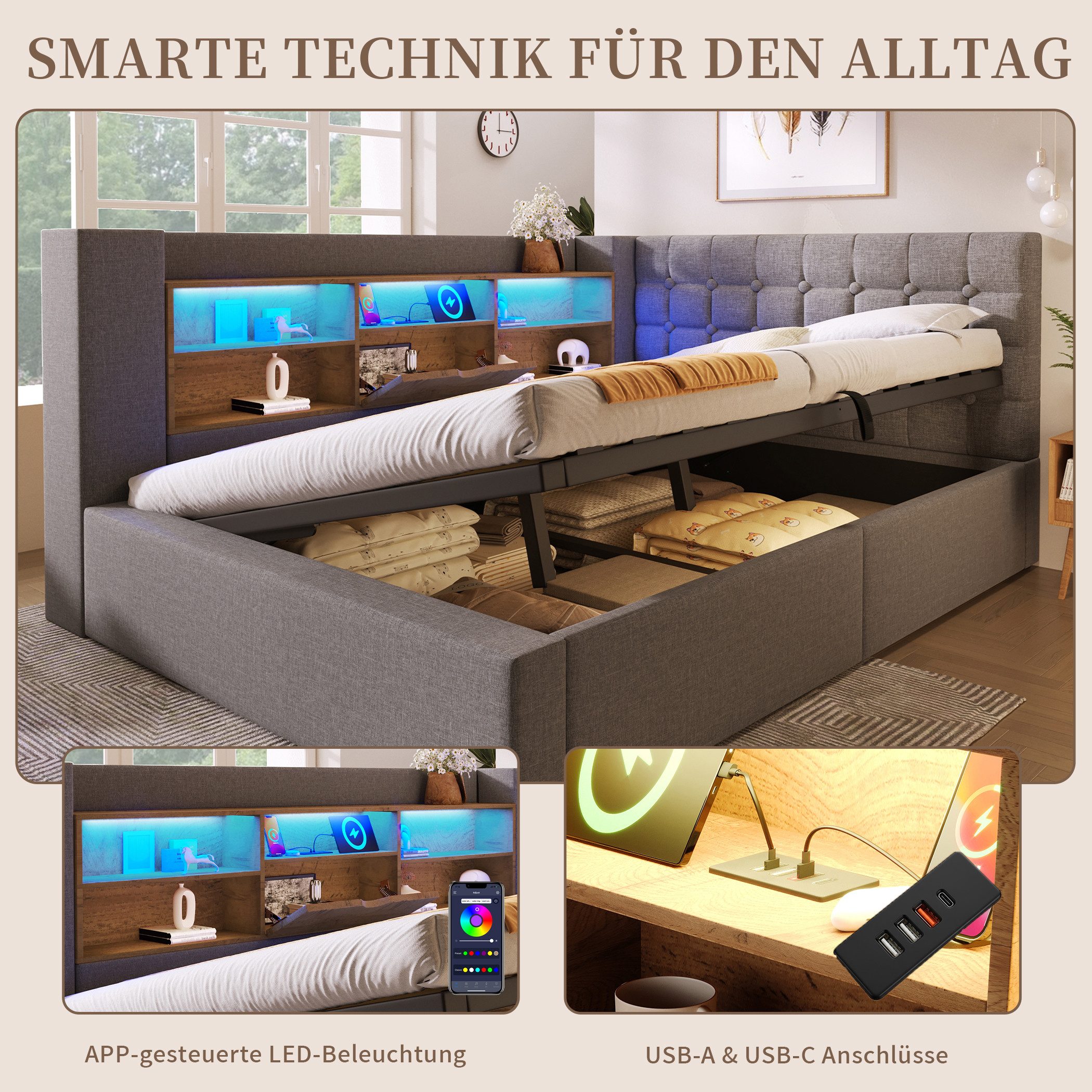 SeedWave Daybett Leinen-Polsterbett mit Stauraum, Lichtleiste&Ladefunktion 90/140×200cm, Tagesbett mit Hydraulik, Schutzgeländer beiderseits montierbar – Bild 4 von 5