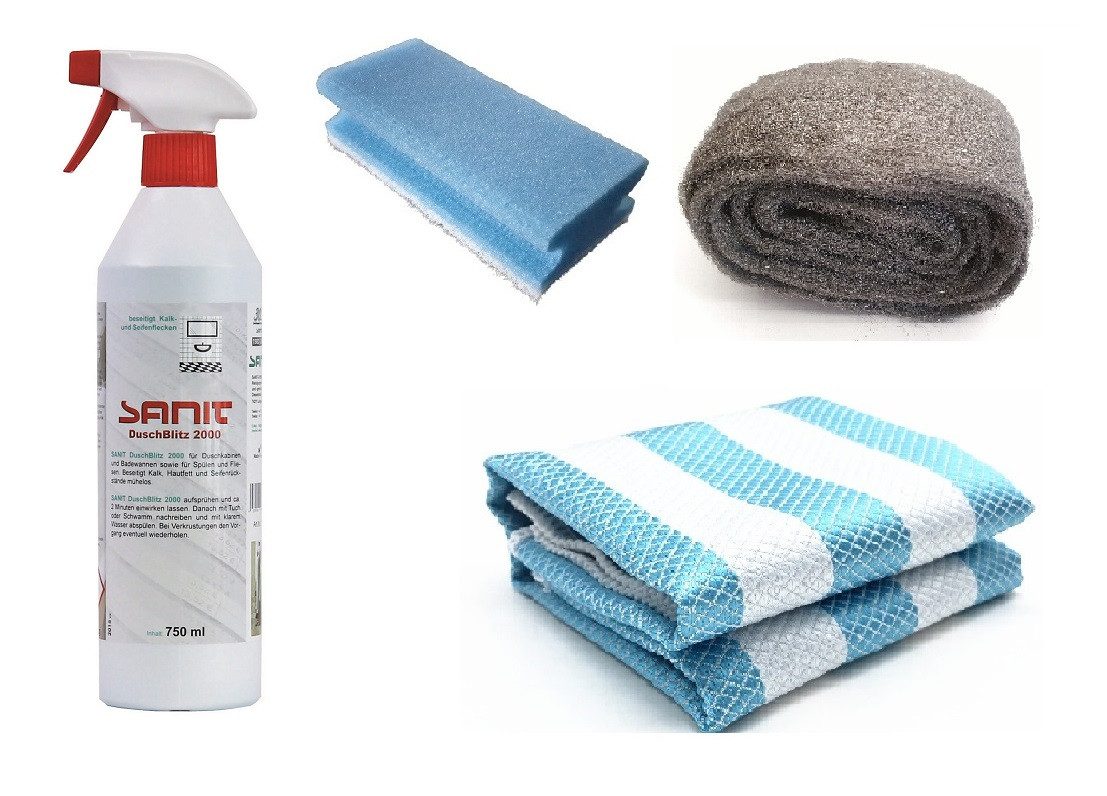 Kristhal Dusch- & Baddesign Kristhal Top-Reinigungs-Set Badreiniger (1x Duschreiniger 1x Extra feine Stahlwolle 1x Schwamm 2x Poliertuch)