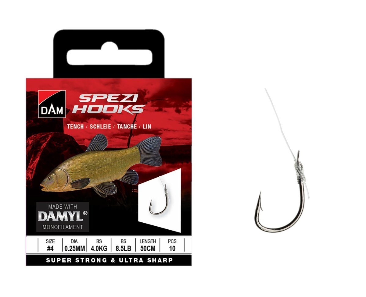 DAM Fishing Stipphaken Vorfachhaken Spezi Tench Größen 4, 6, 8, 10, 12 Länge 50cm Schleie, (Spar-Set), Schnur in der idealen Länge für jedes Vorfach verwendet